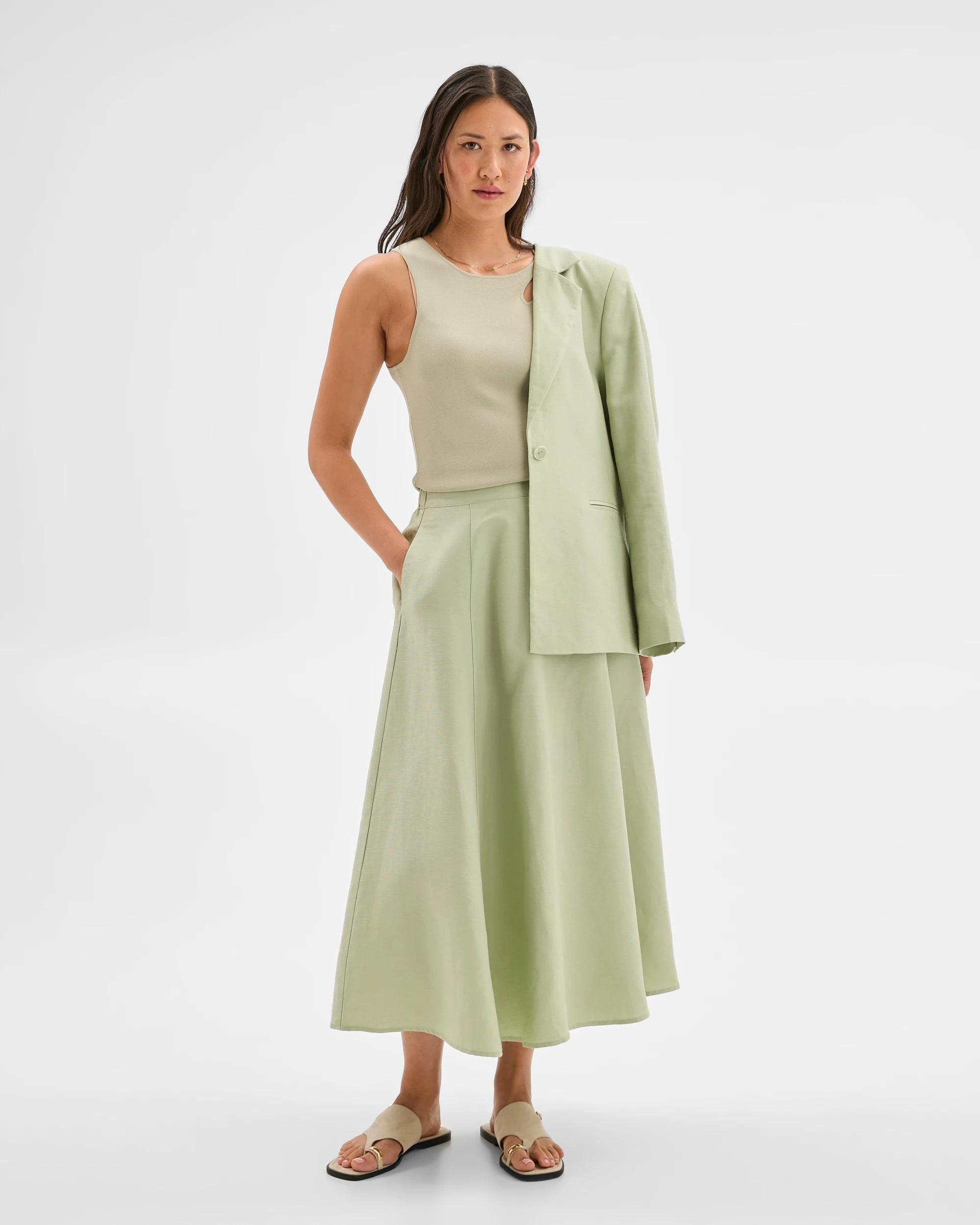 1 Linen Blend A-Line Midi Skirt - Preview DESERT SAGE, 1 of 7