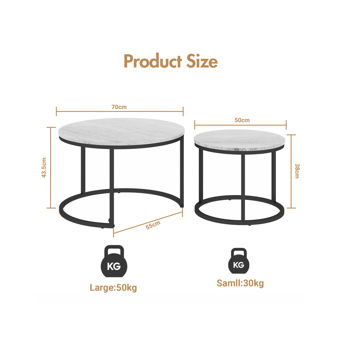 2 Advwin Nesting Coffee Table Marble Finish 70 & 50cm Round Grey, 2 of 8