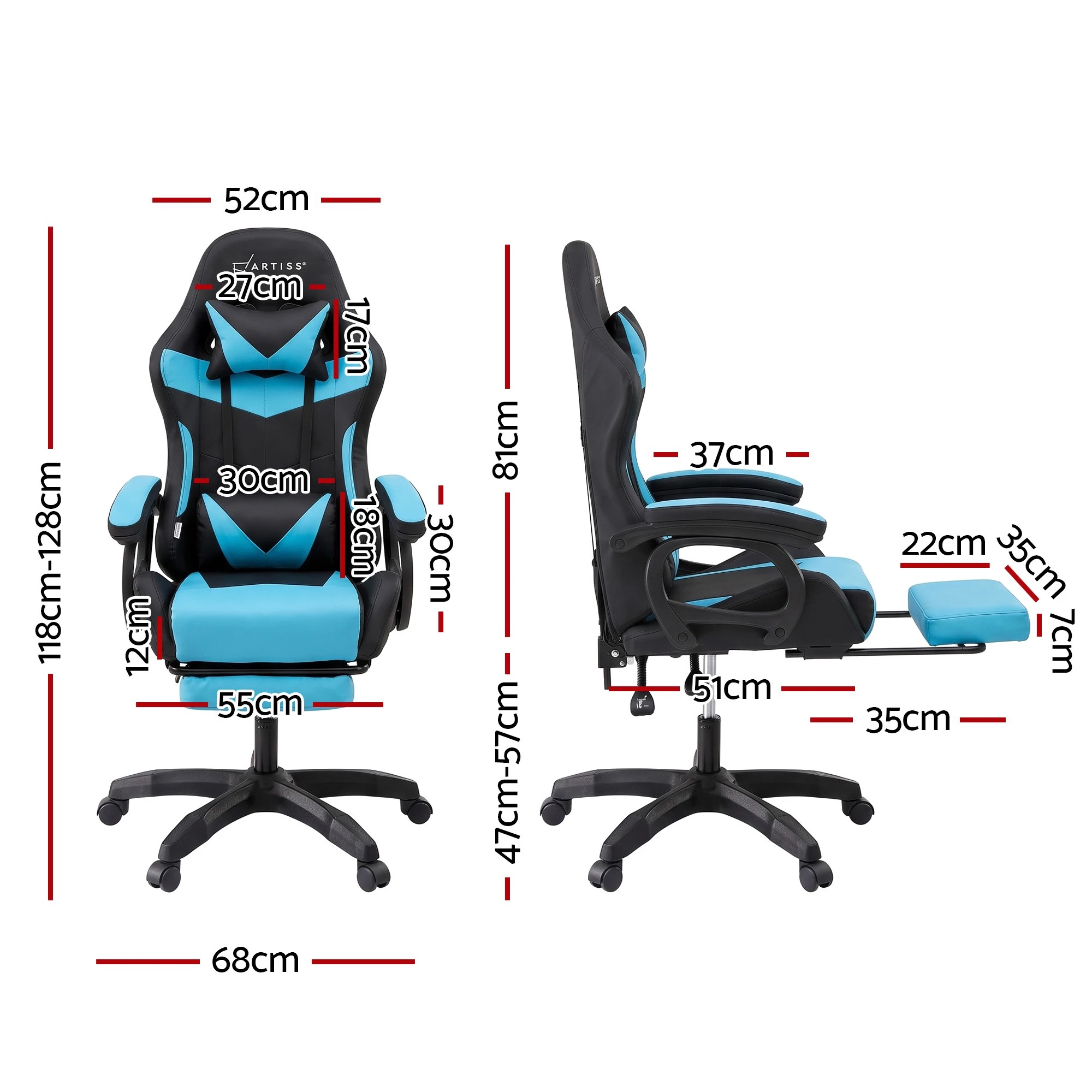 2 Artiss Gaming Office Chair with 8 Point Message Reline Ergonomic- Black, 2 of 7