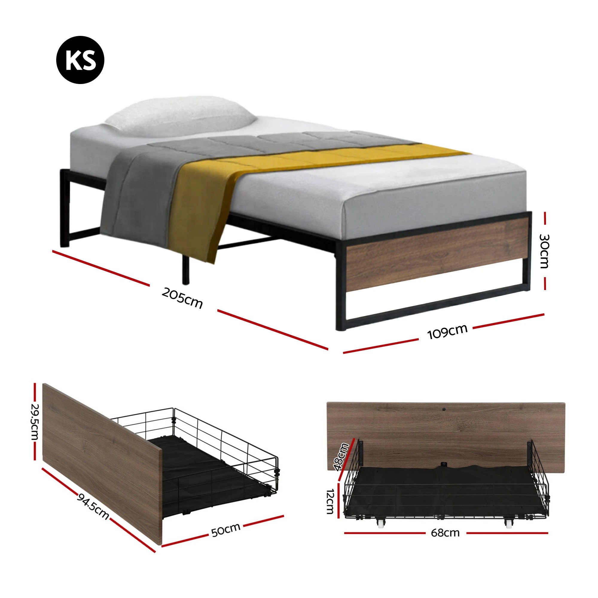 2 Artiss Bed Frame Metal Frame Bed Base 2 Drawers - King Single Bed - Multi, 2 of 4