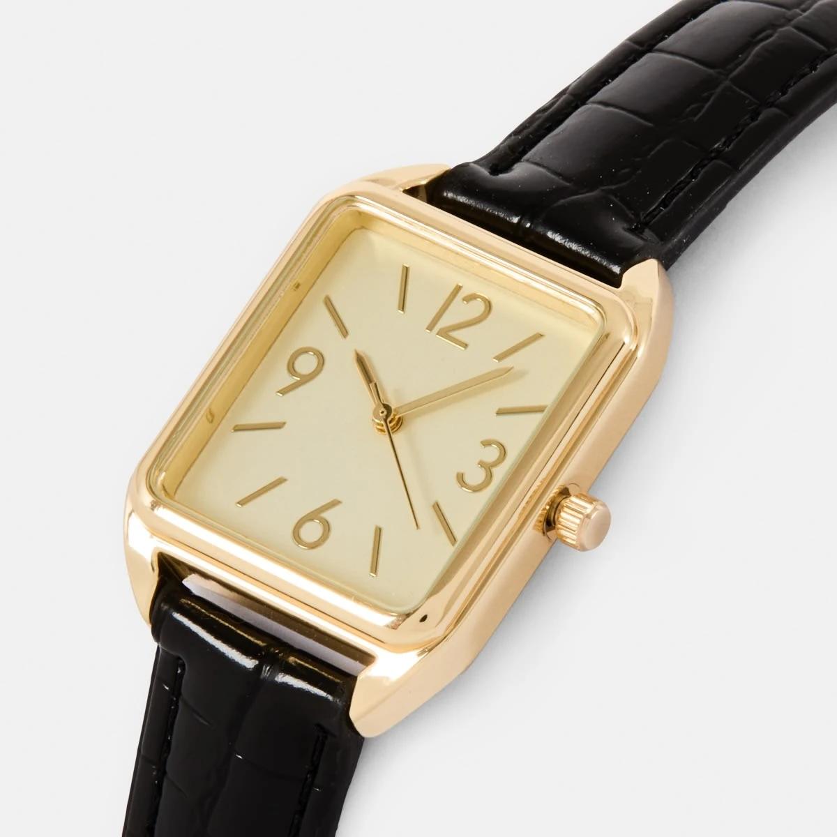 3 Womens Square PU Watch - Black and Gold Tone Black, 3 of 6