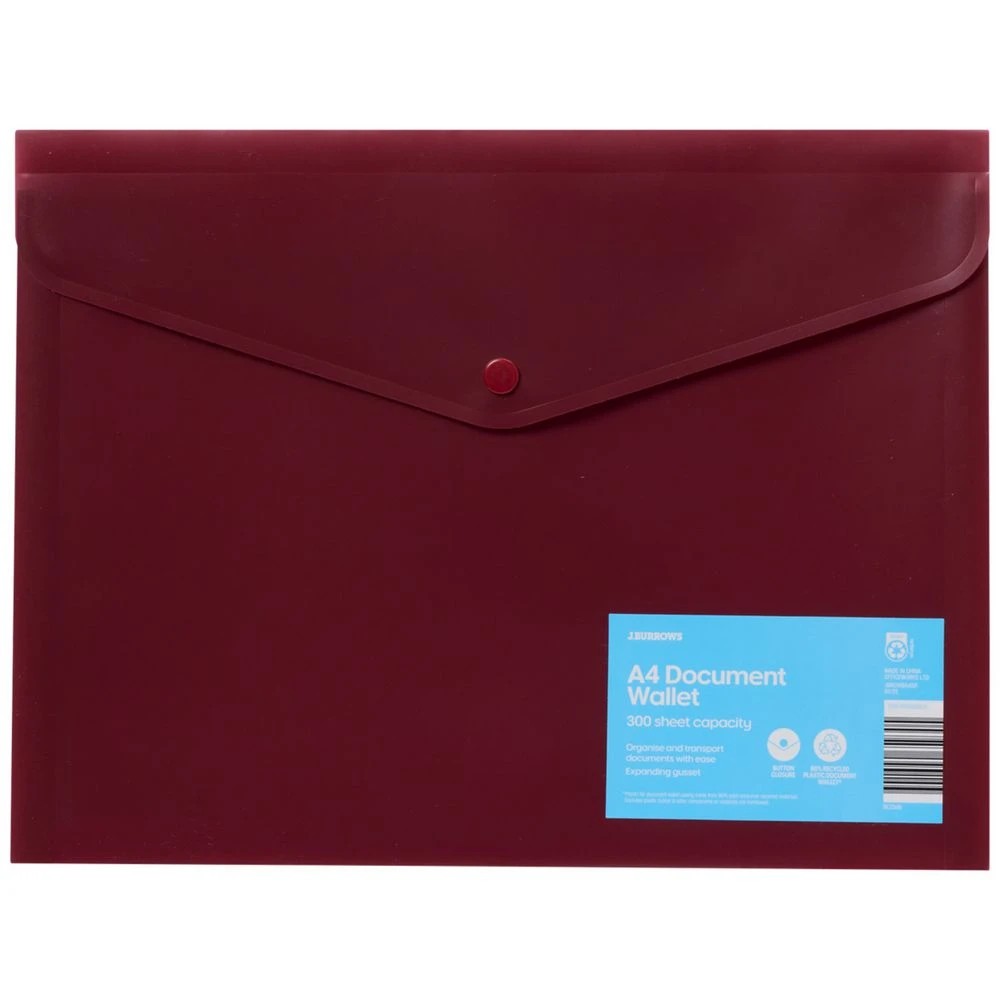 1 J.Burrows A4 Recycled Button Document Wallet Burgundy, 1 of 2