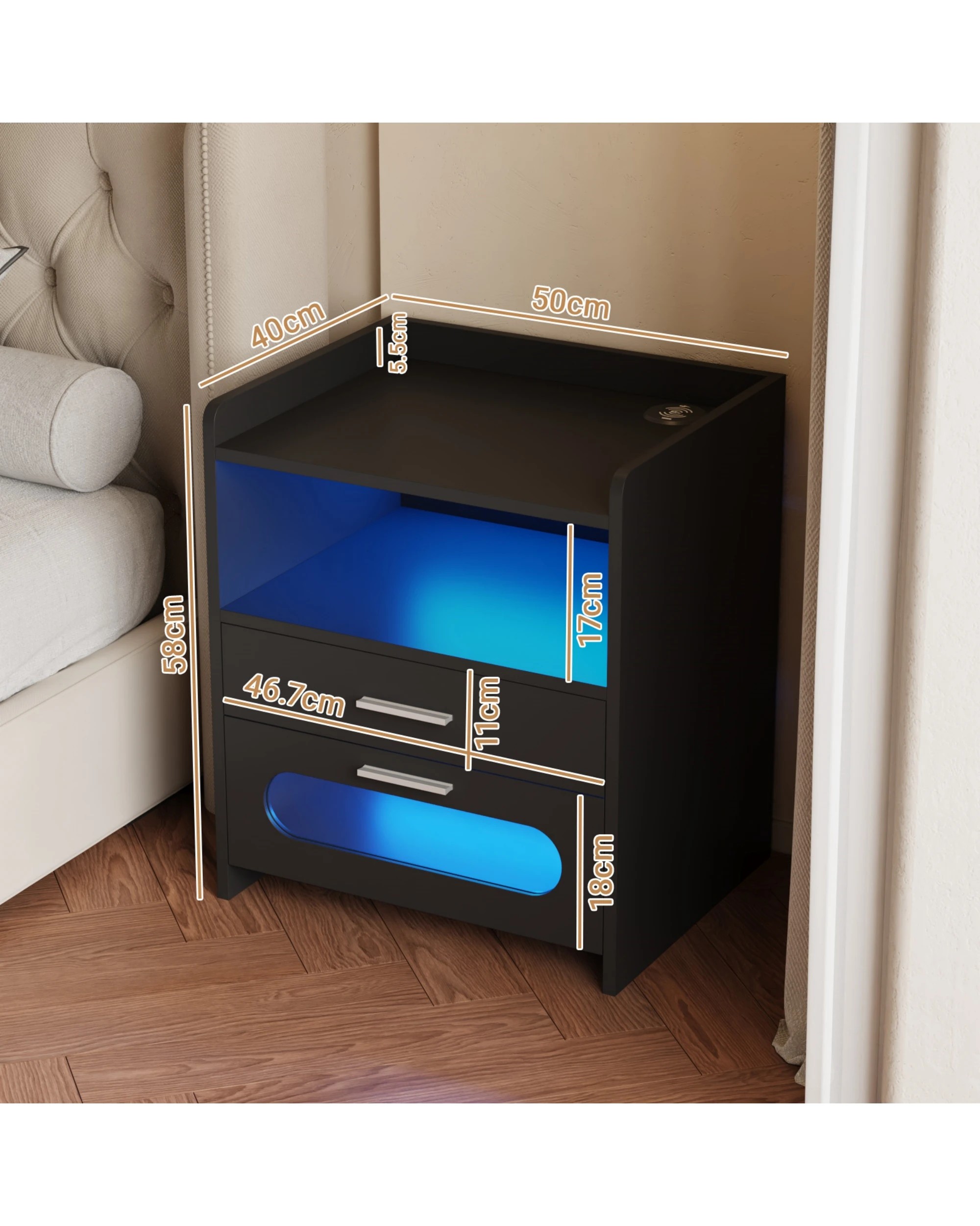 3 Advwin Bedside Table Set of 2 Wireless Charging Station Led Lights 2 Drawers Storage - Black, 3 of 9