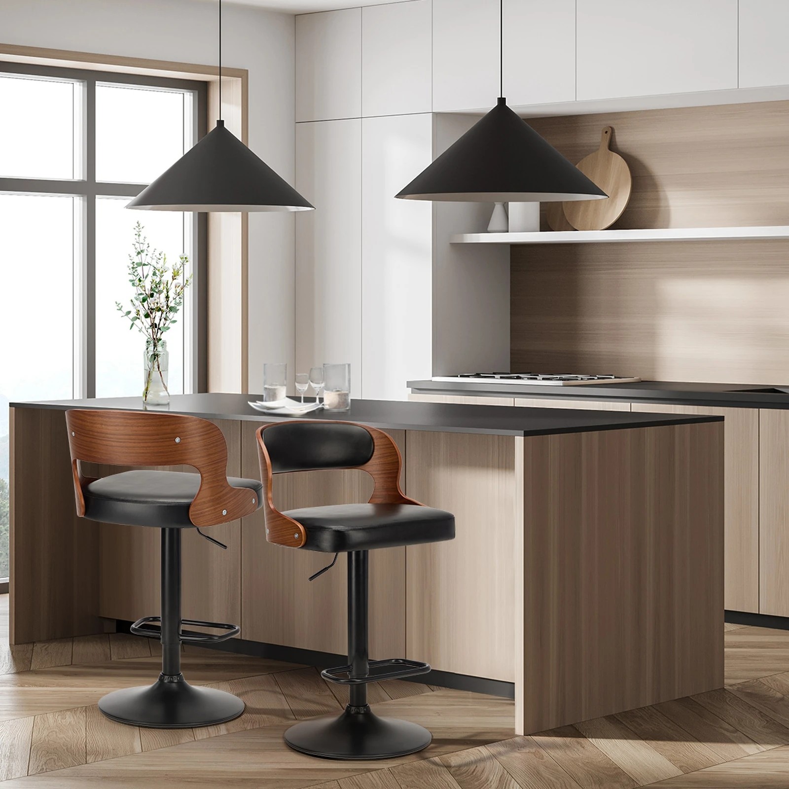 3 Oikiture 2x Bar Stools Kitchen Gas Lift Swivel Chairs - Black, 3 of 9