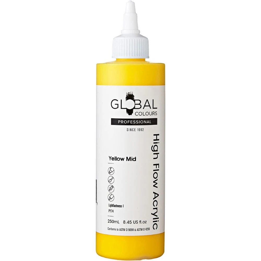 1 Global Colours High Flow Acrylic Paint 250mL Yellow Mid, 1 of 2