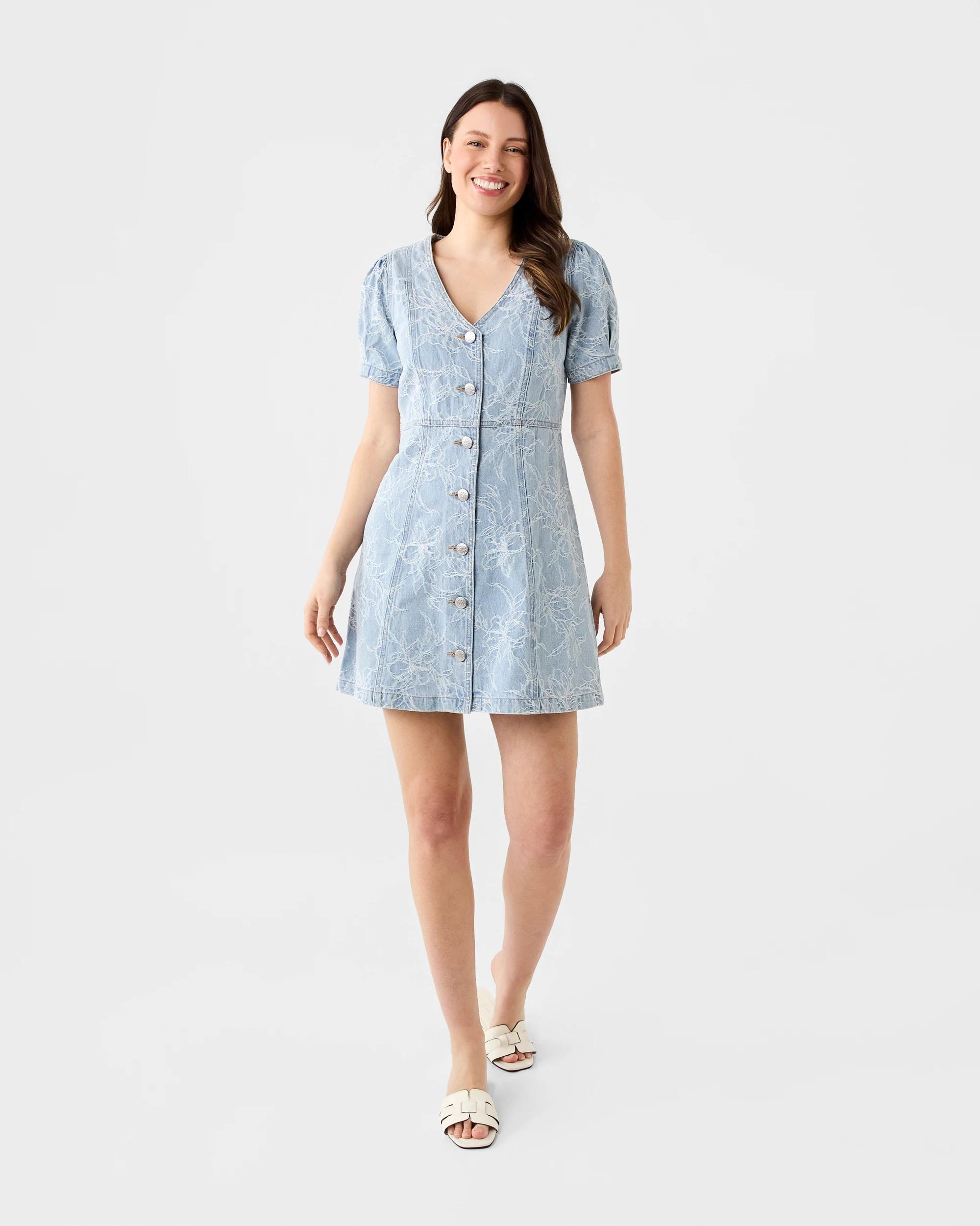 7 Short Sleeve Jacquard Denim Mini Dress Flrl Denim, 7 of 7