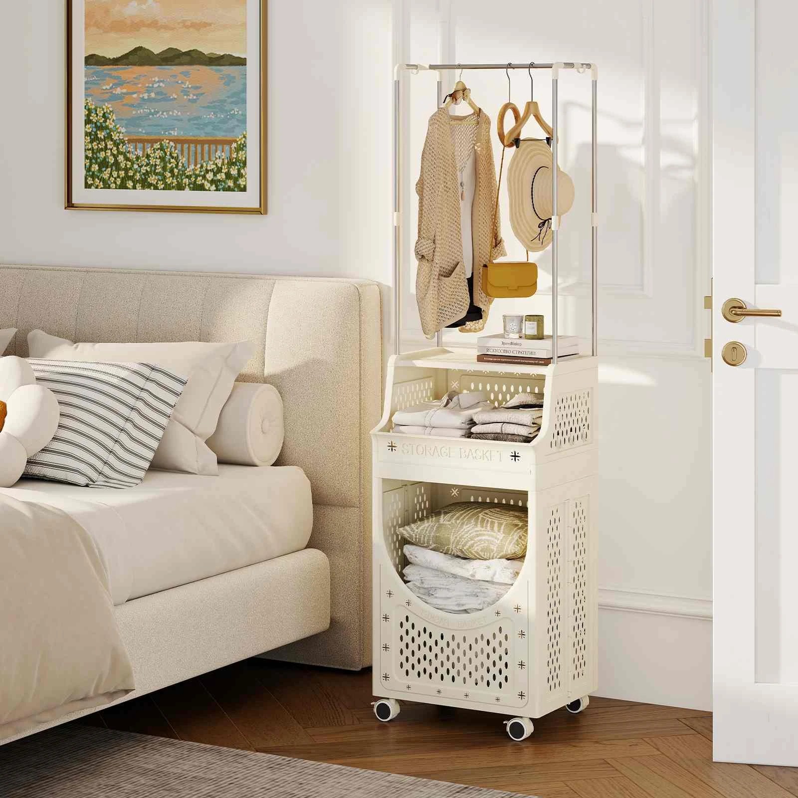 2 Costway 3-Tier Laundry Cart Folding Hamper Rolling Utility Cart w/8 Hooks, 2 of 5