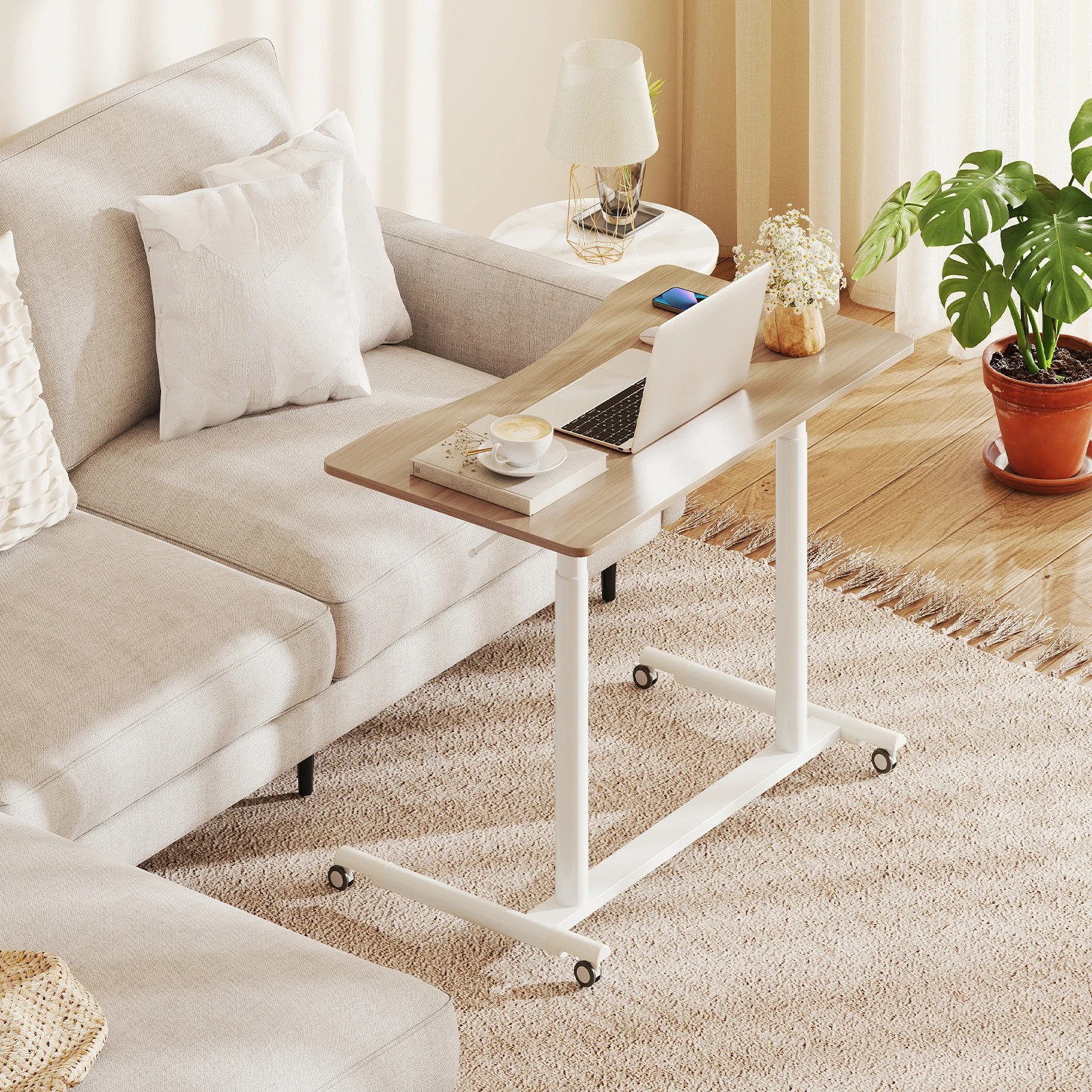 3 Costway Mobile Standing Desk C-Shaped Stand Desk w/Adjustable Height Computer Workstation - Natural, 3 of 4