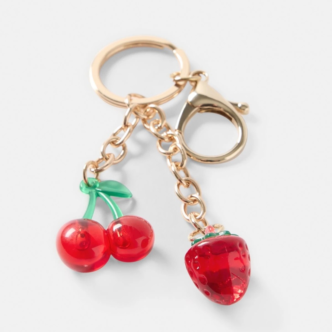 2 3D Cherry Strawberry Charms Keyring - Red, Green and Gold Tone, 2 of 3