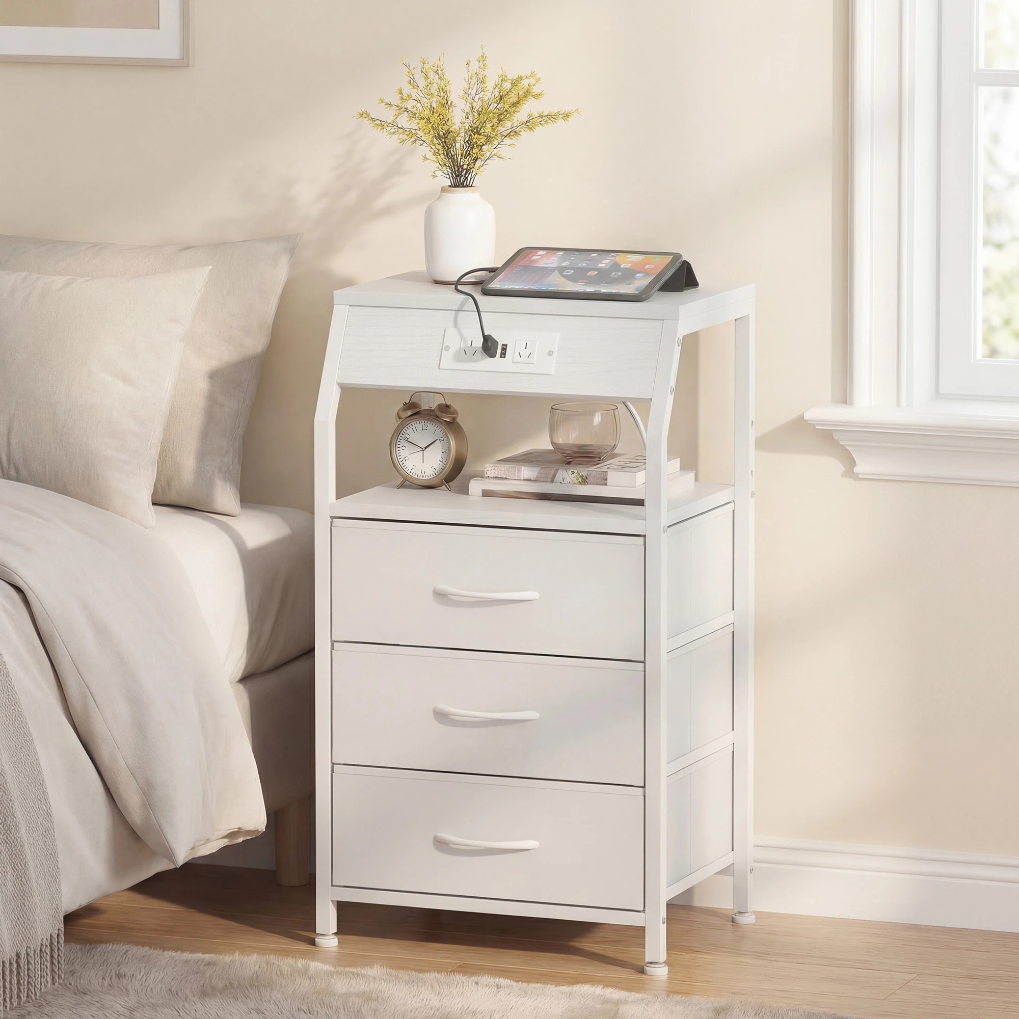 2 Advwin Bedside Table with Charging Station 3 Fabric Drawers Nightstand - White, 2 of 9