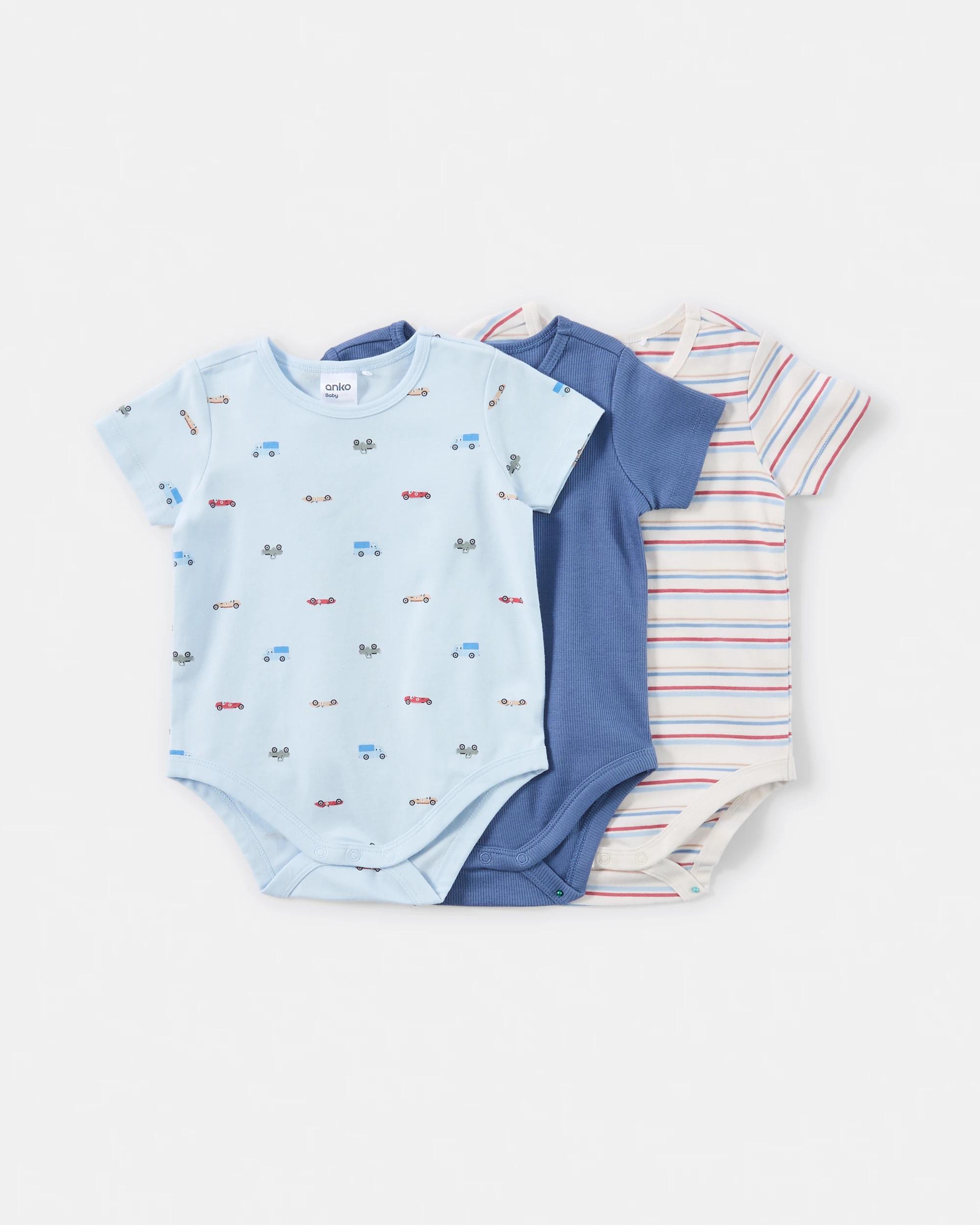 1 3 Pack Short Sleeve Print Bodysuits BLUE CUTE VEHICLE MULTIPACK, 1 of 8