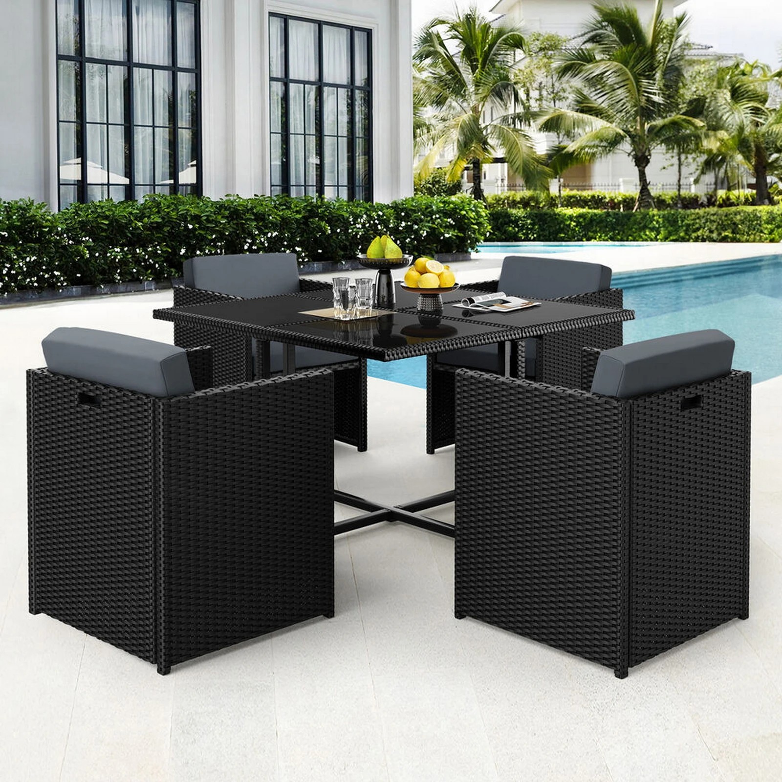 10 Alfordson Outdoor Dining Set 5 PCS Table Chairs Patio Lounge Wicker Furniture - Black, 10 of 10