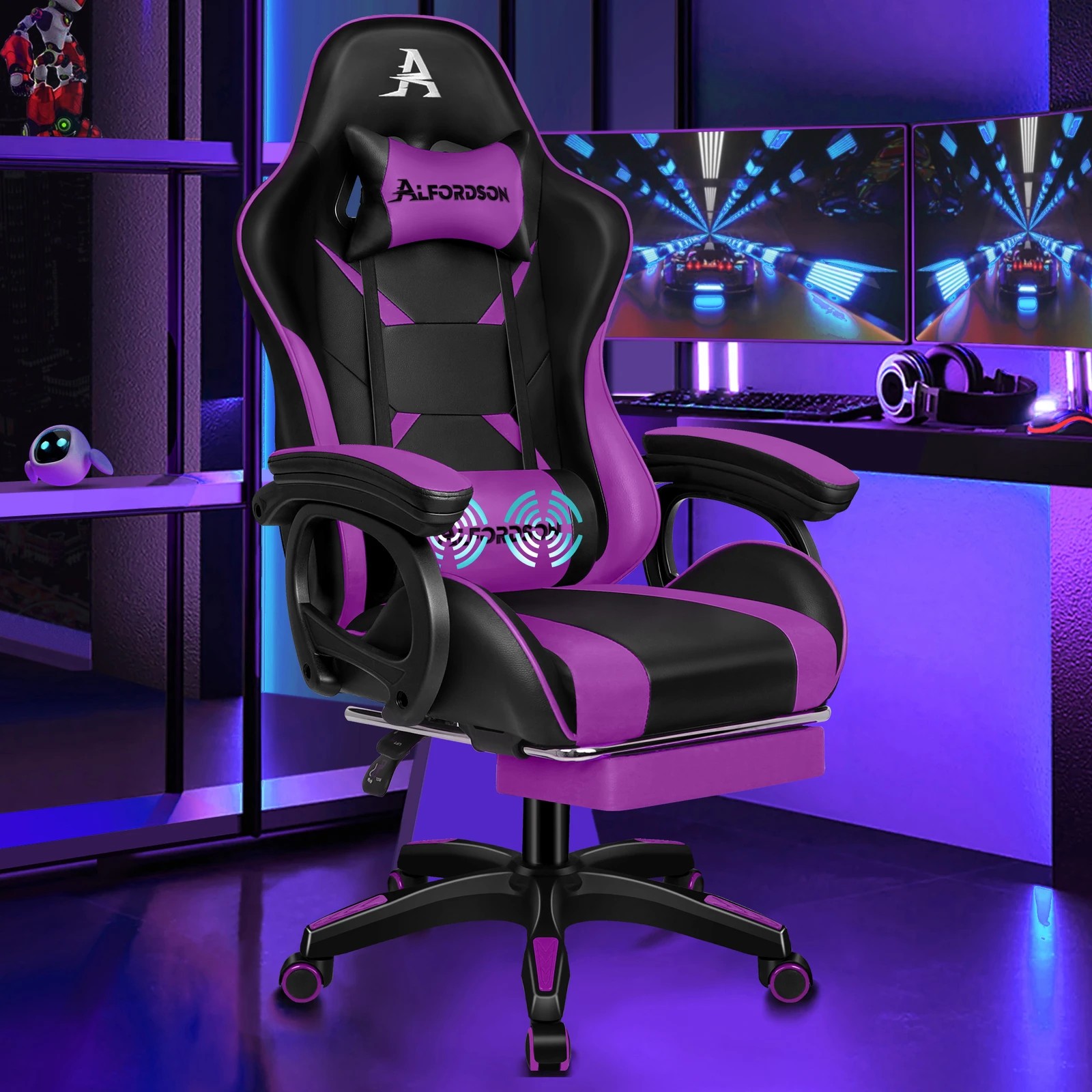4 Alfordson Gaming Office Chair Racing Massage Computer Seat Footrest Leather - Purple, 4 of 9