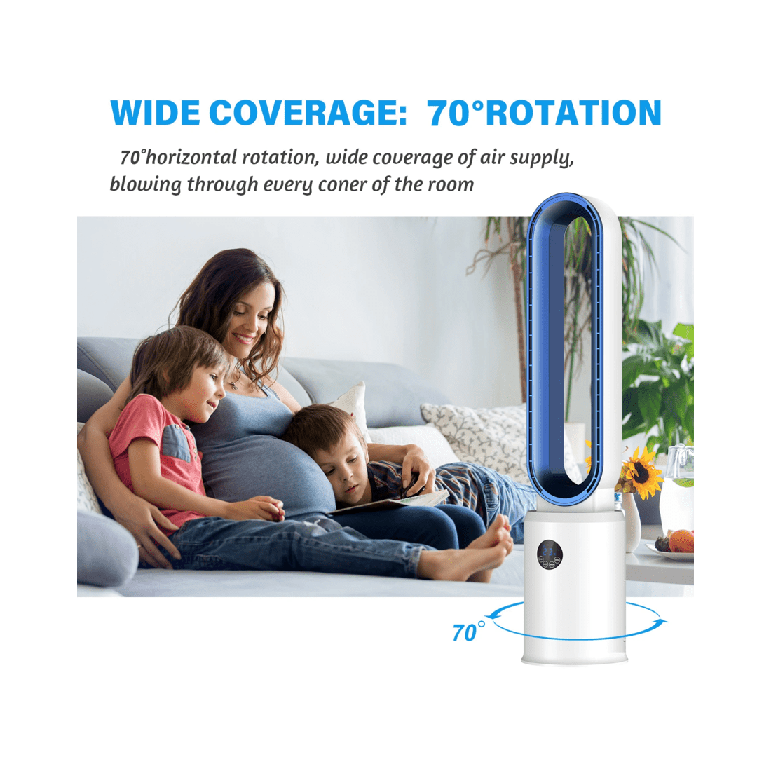 3 Advwin Bladeless Tower Fan, Standing Floor Fan Air Circulator with Remote Control Speeds Adjustable, Blue, 3 of 7
