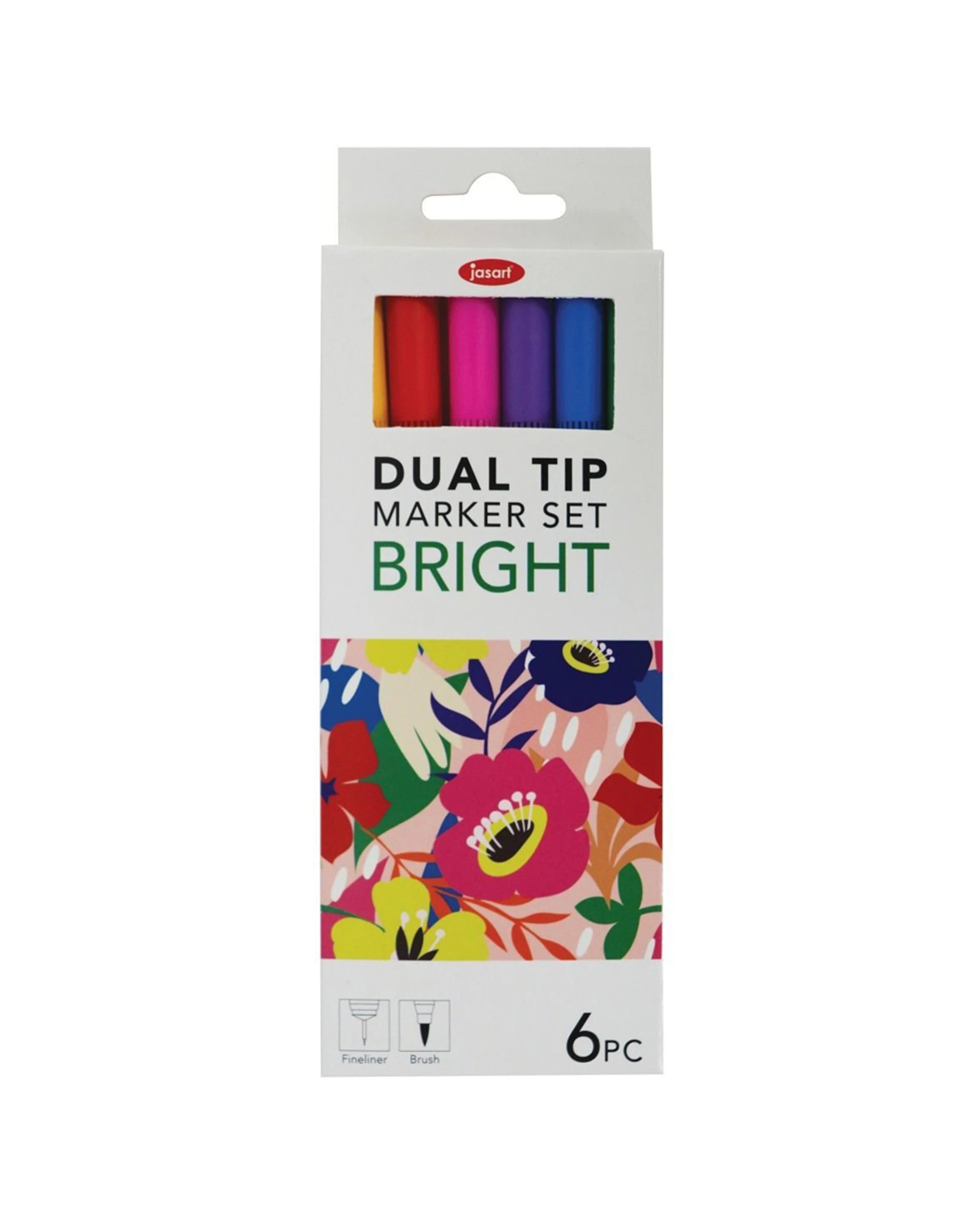 1 Jasart 6pc Dual Nib Brush Fineliner Pen Marker Set 0.4mm Bright - Multi, 1 of 3