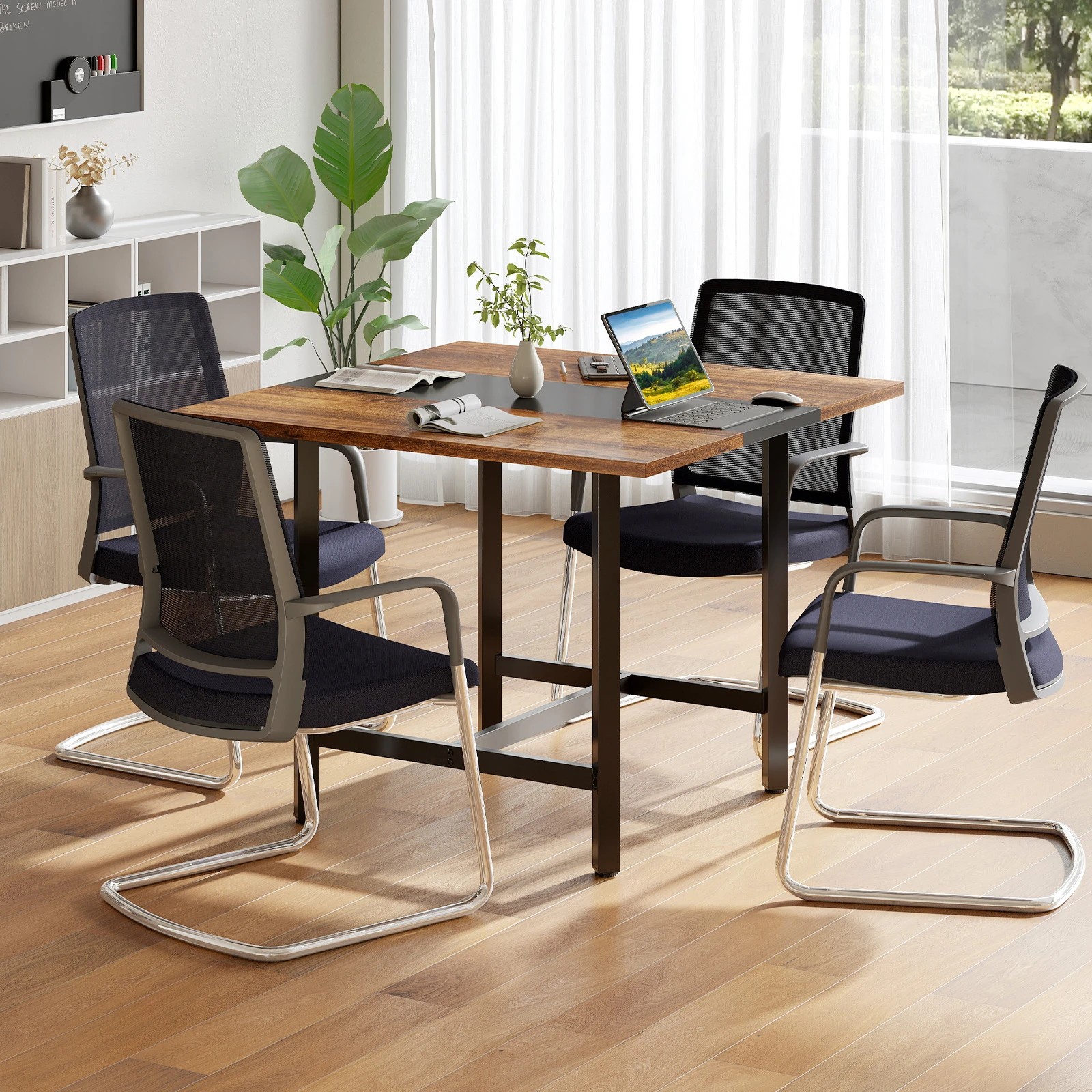 3 Costway 100cm Square Conference Table Meeting Room Seminar Table - Brown, 3 of 7