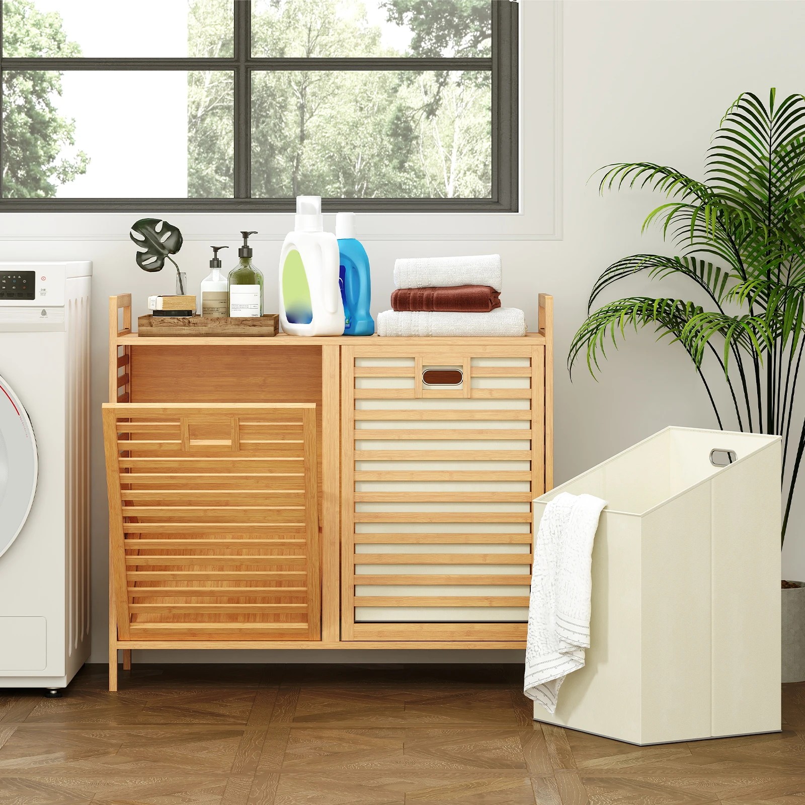 2 Costway 75L Bamboo Laundry Hamper Double Tilt-out Cabinet w/2 Removable Bins - Natural, 2 of 6