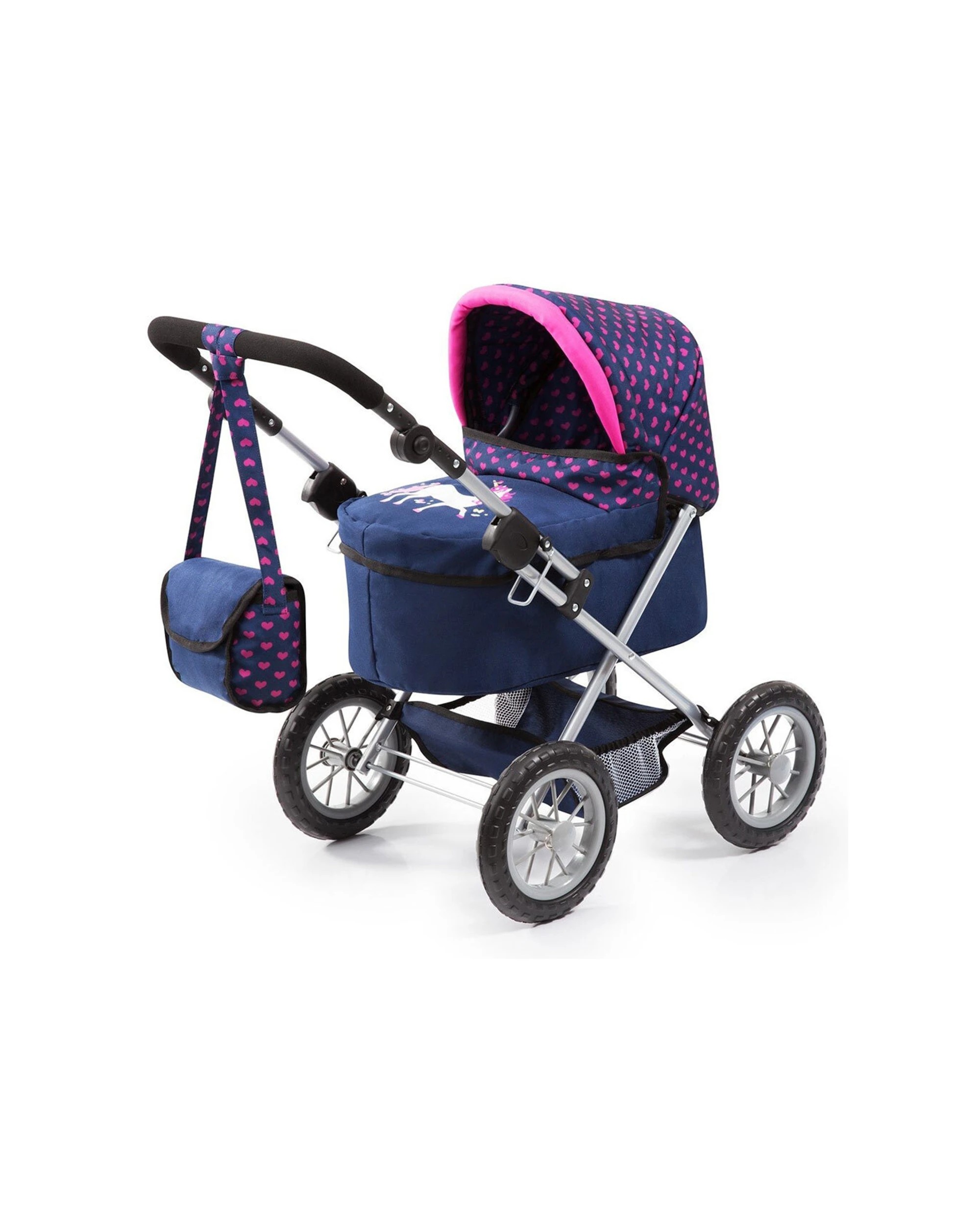 1 Bayer Doll Pram Stroller Toy 68cm Adjustable Handle Dark Blue Pink Hearts Unicorn 3 Years Plus - Blue, 1 of 3