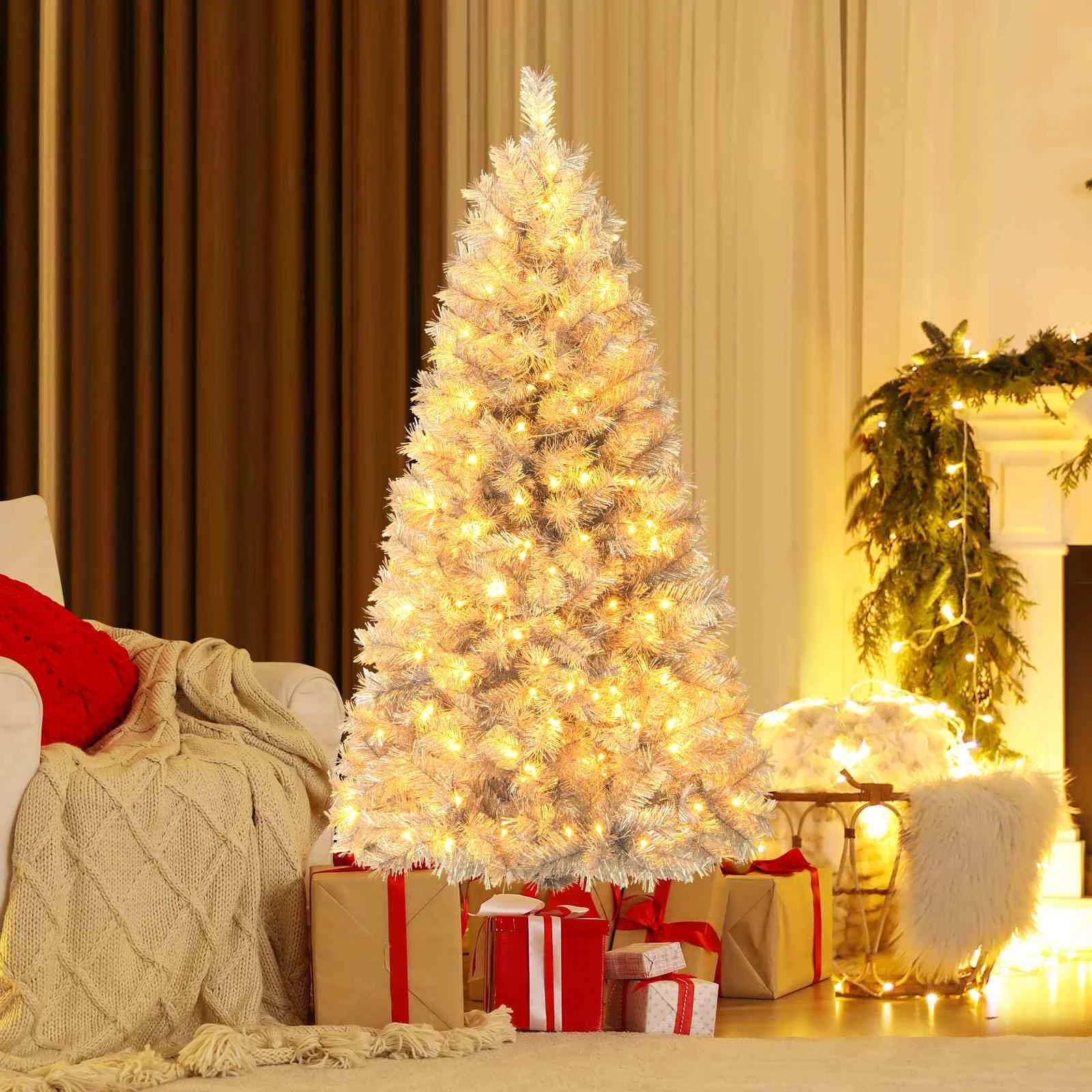 2 Costway 150cm Christmas Tree Silver Tinsel Leaves Hinged Decoration Tree 170 LEDs, 2 of 3