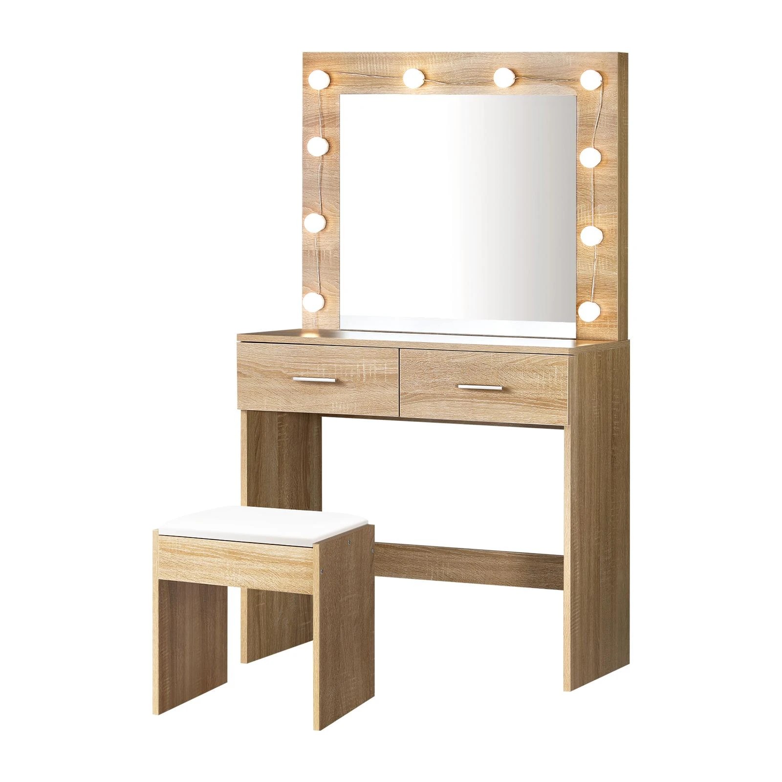 1 Oikiture Dressing Table Stool Set Makeup Mirror Storage Desk 10 Led Bulbs Wooden
 - Natural, 1 of 9