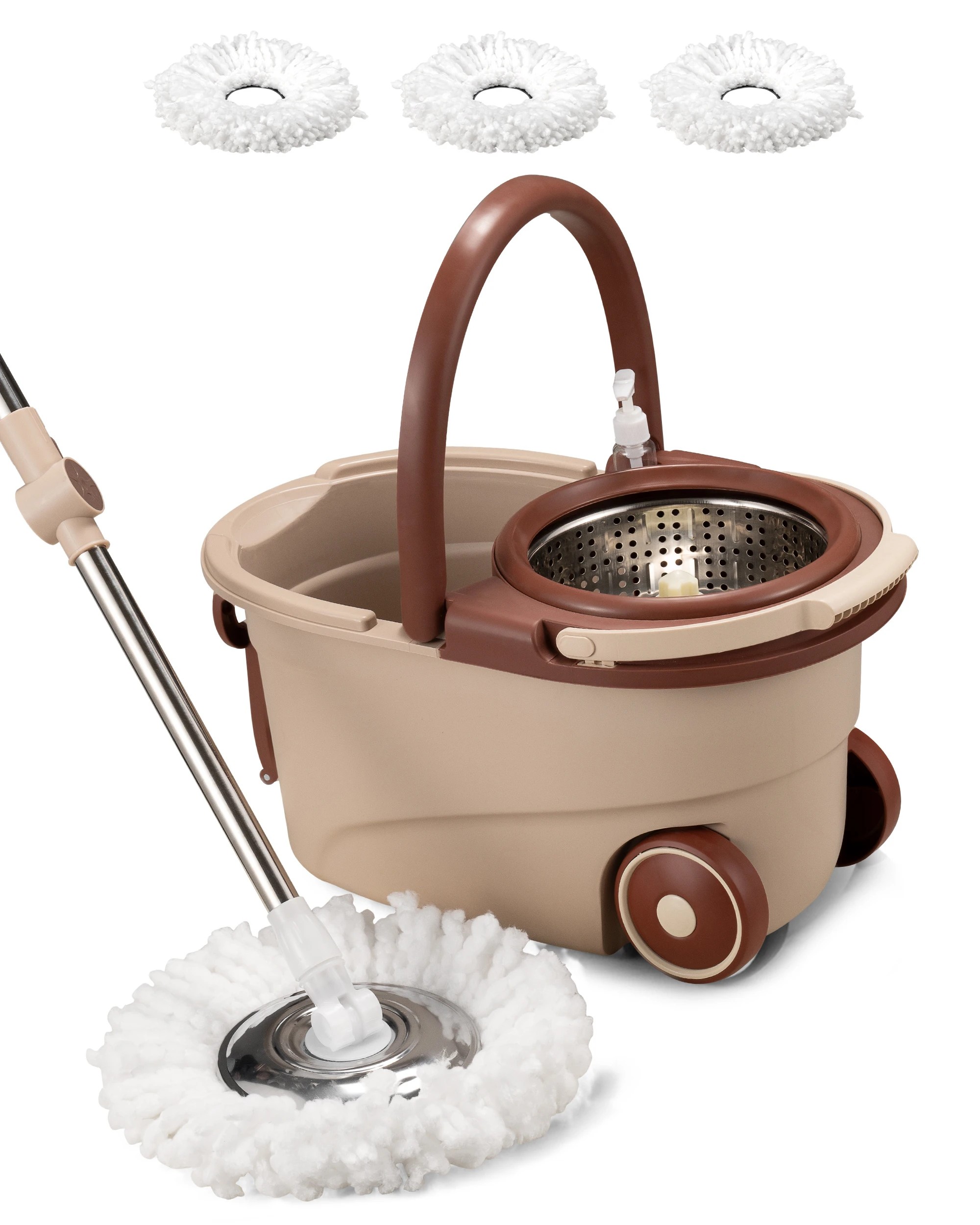 1 ZUNI Spin Mop Bucket Set Floor Mop Stainless Steel Rotating w/ 2 Heads Khaki, 1 of 4