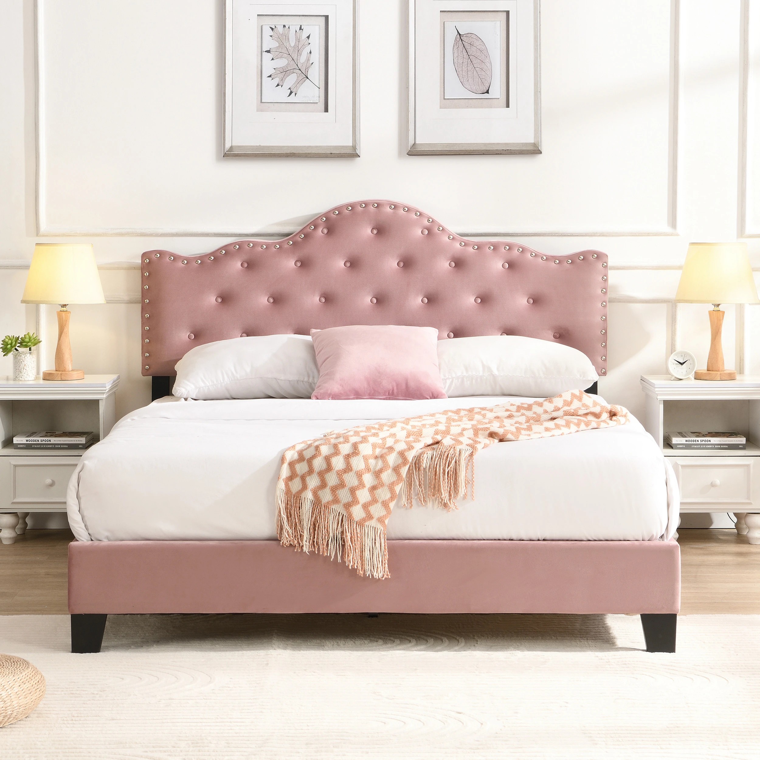 2 IHOMDEC BEF05 Velvet Crown Shape Double Bed Frame - Pink - Pink, 2 of 10