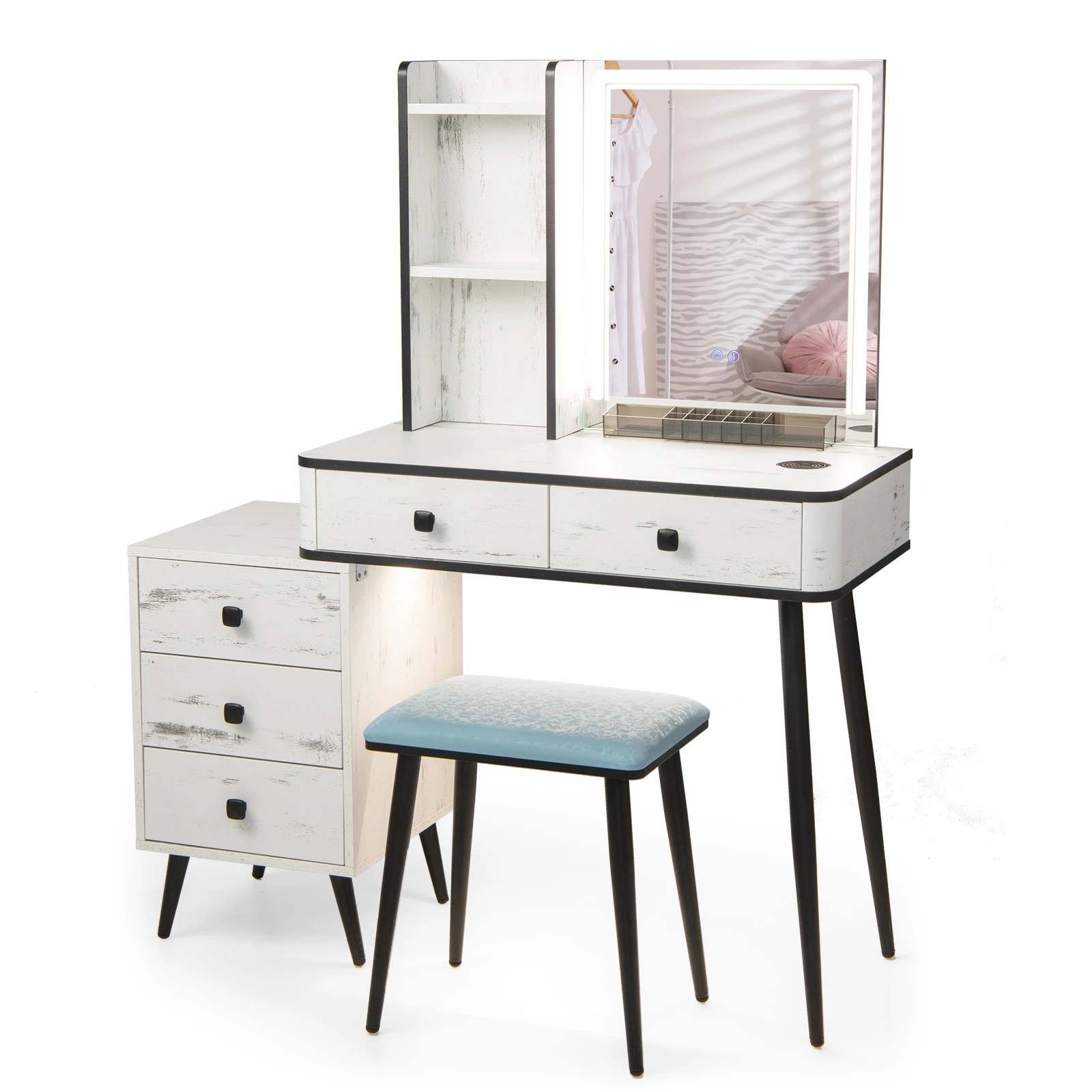 1 Costway Modern Dressing Table Stool Set Mirror Vanity Desk w/Cushioned Seat & Charging Station, 1 of 4
