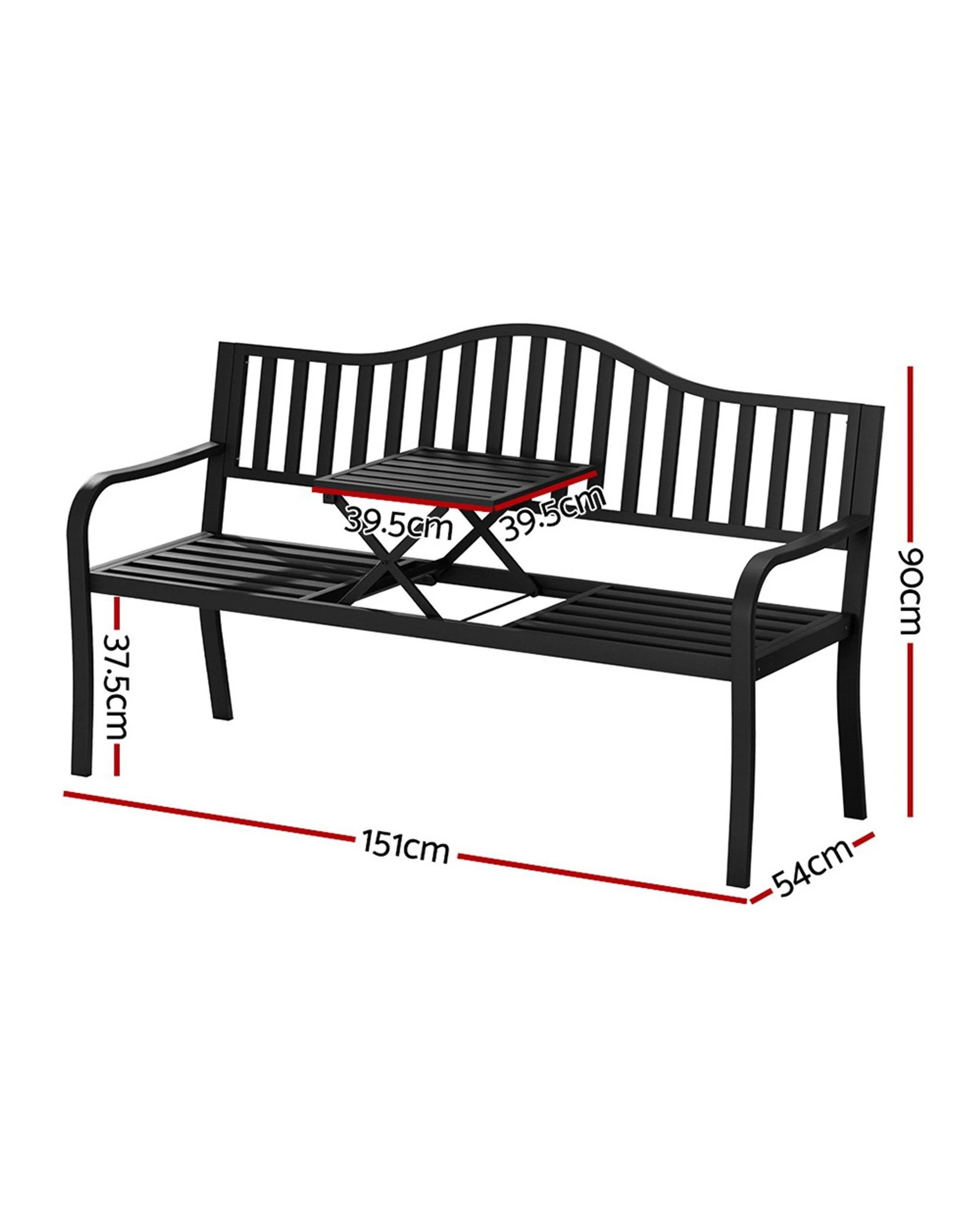 2 Gardeon Outdoor Garden Bench Seat Loveseat Steel Foldable Table Patio Furniture
 - Black, 2 of 3
