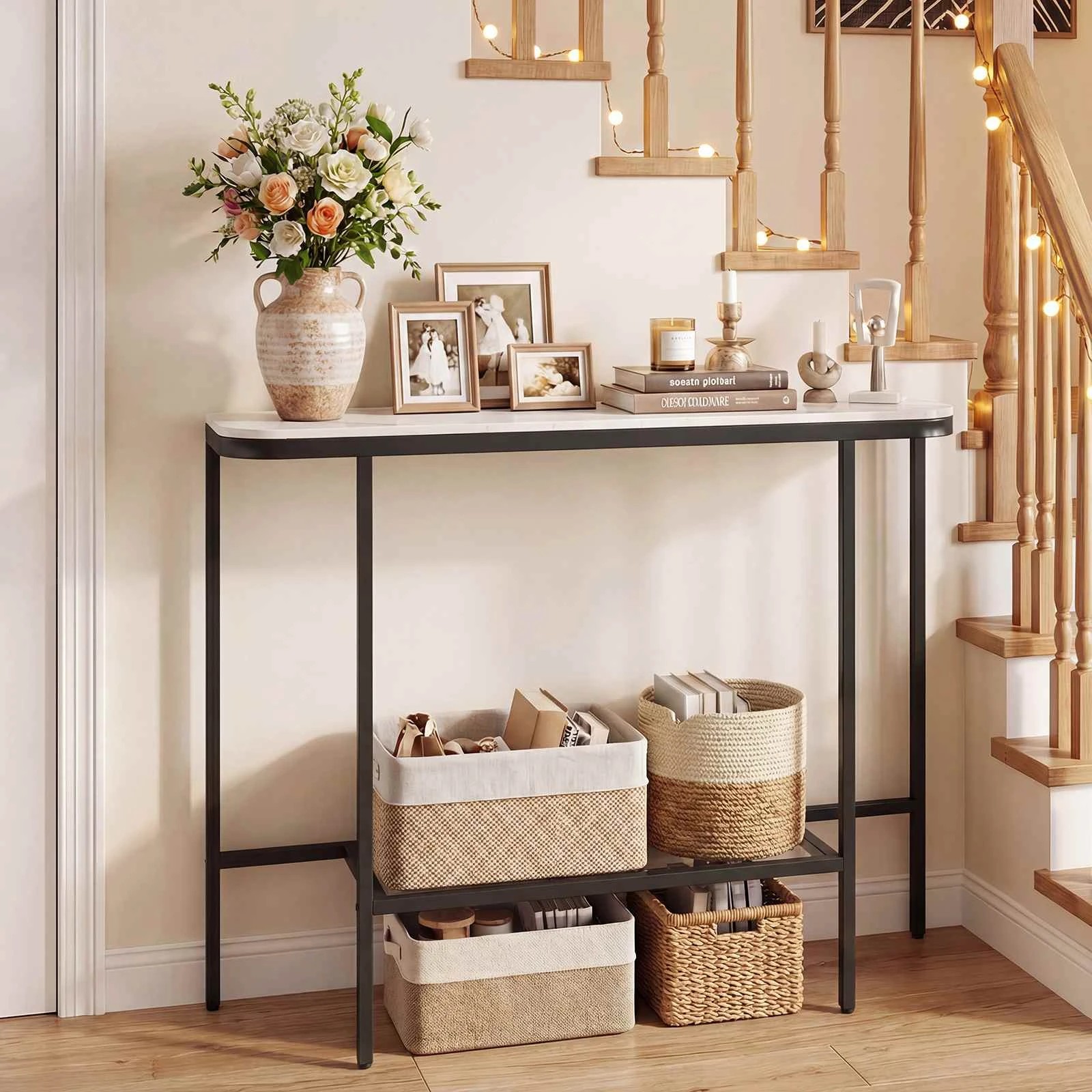 3 Costway Porch Console Table Sofa Side Table Hallway Table w/Black Metal Frame - White, 3 of 4