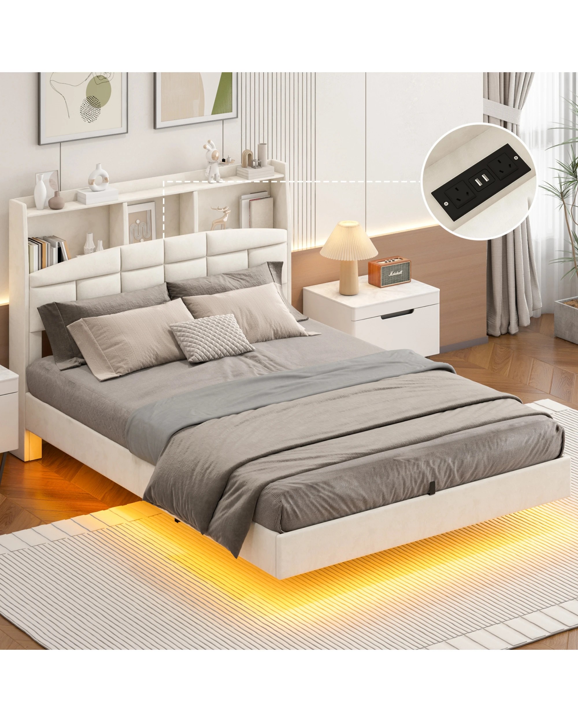 5 Advwin Queen Velvet Floating Bed Frame with LED Lights and Charging Station - Beige, 5 of 7