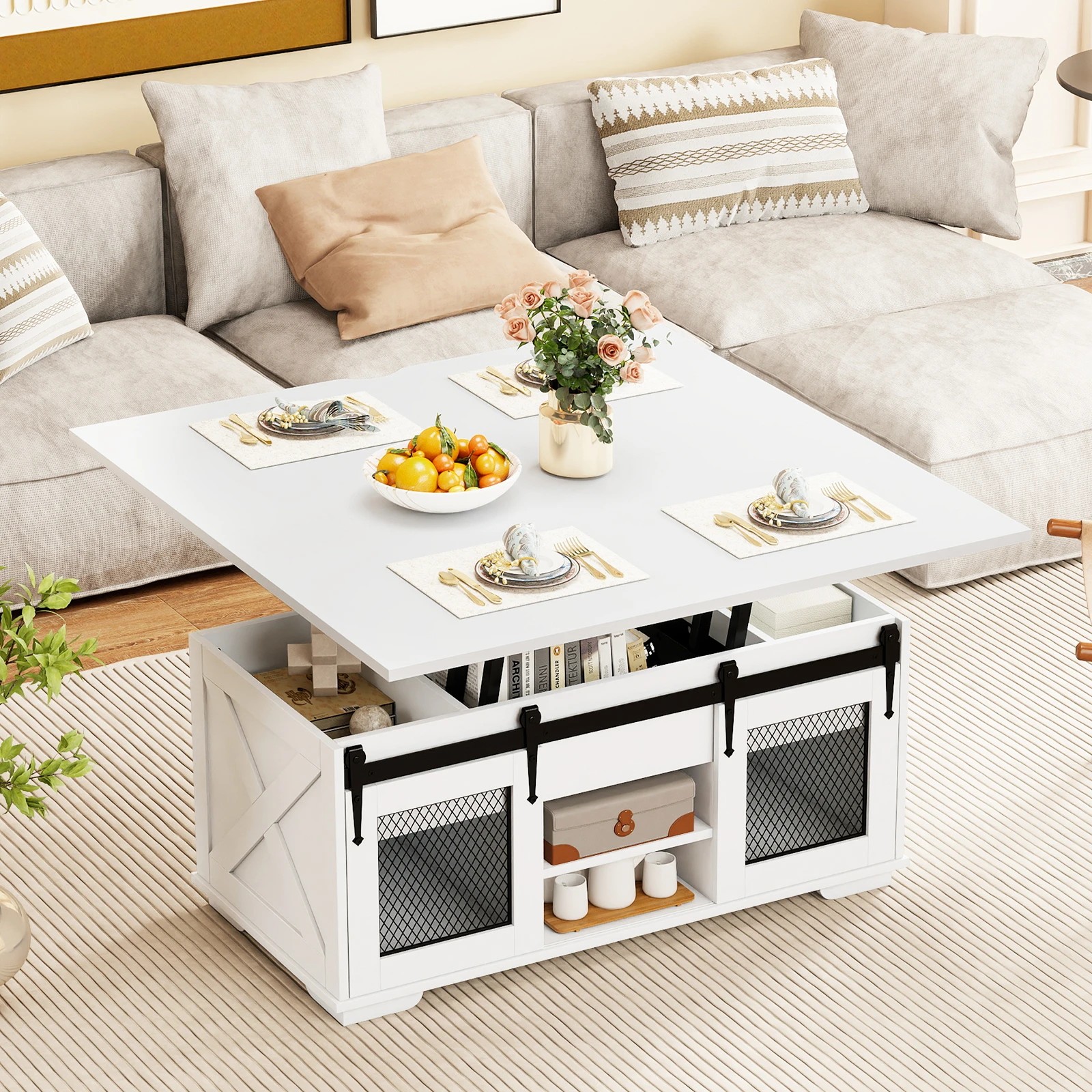 3 Costway Lift Top Coffee Table 3-in-1 Dining Table Farmhouse Center Table - White, 3 of 7