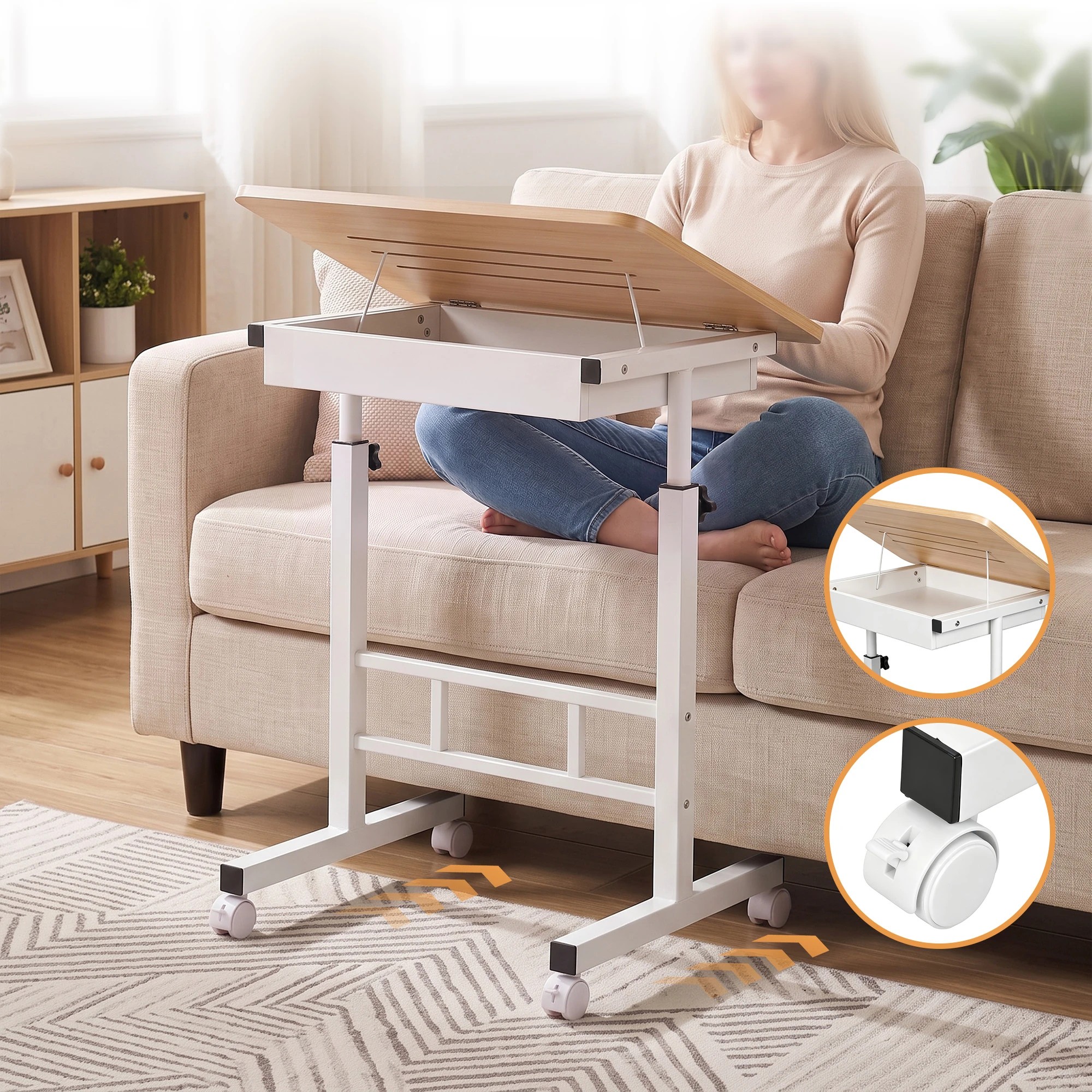 6 Artiss Adjustable Laptop Desk Mobile Bedside Table Hidden Storage Wood - Natural, 6 of 10
