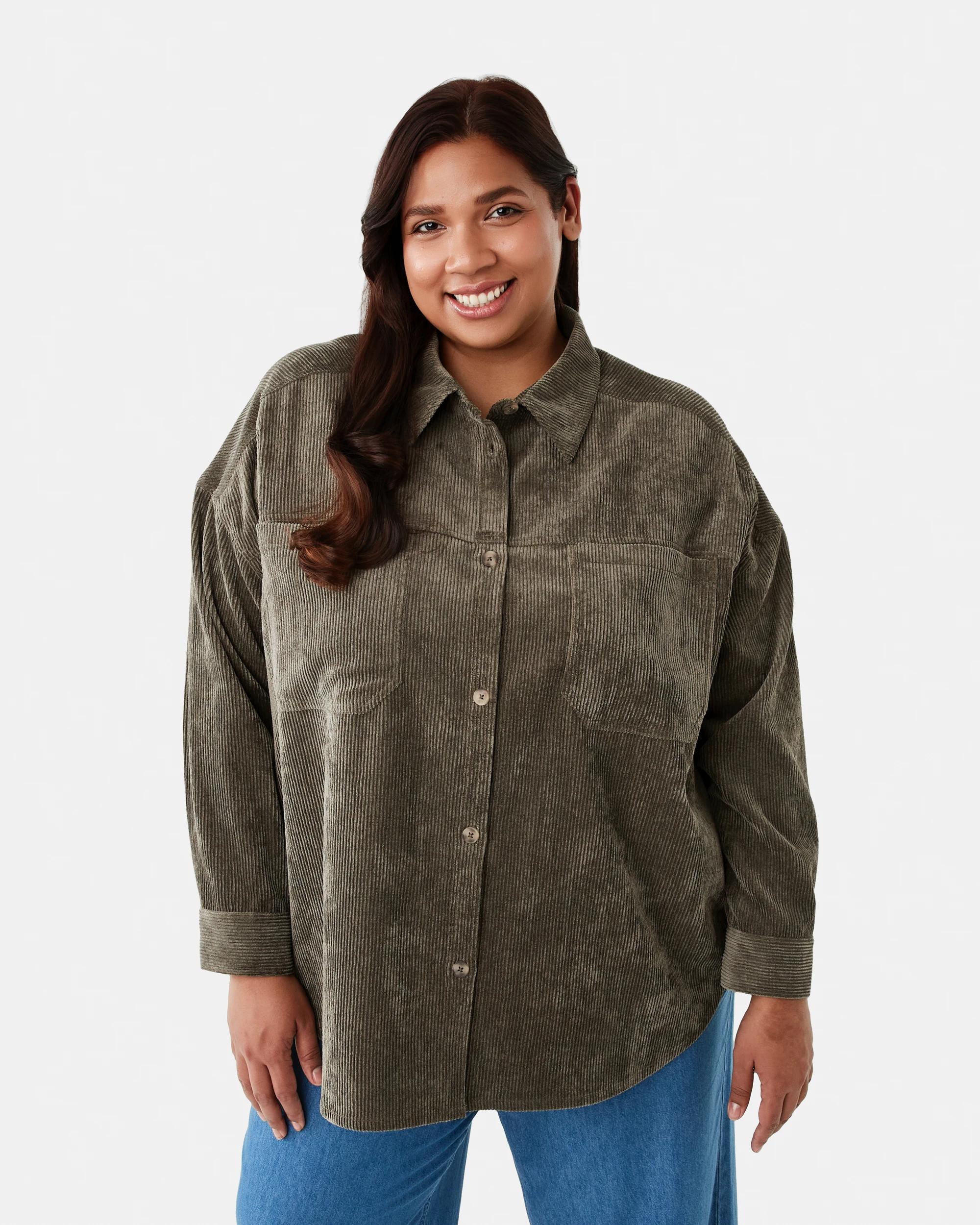 1 Curve Long Sleeve Corduroy Shirt Deep Olive, 1 of 8