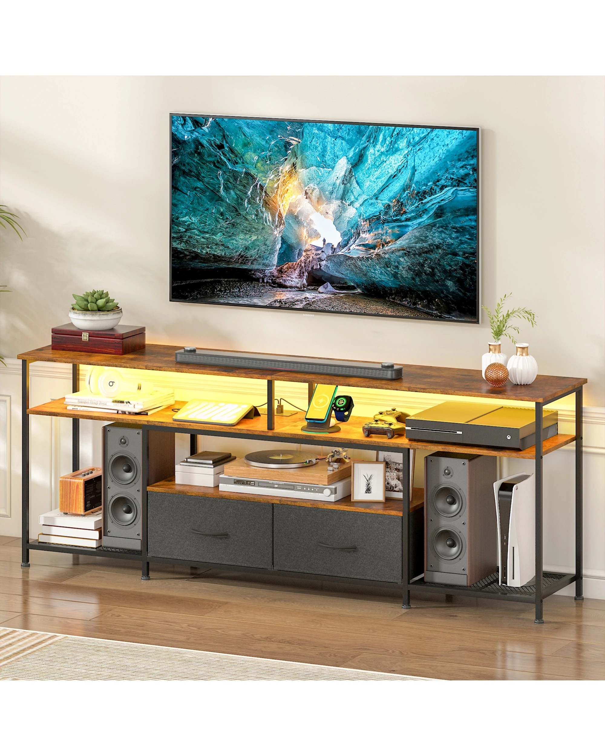 3 Advwin TV Cabinet 160cm LED Entertainment Unit Stand w/ Charging Station Media Console Table w/ Shelf & Drawer, 3 of 8