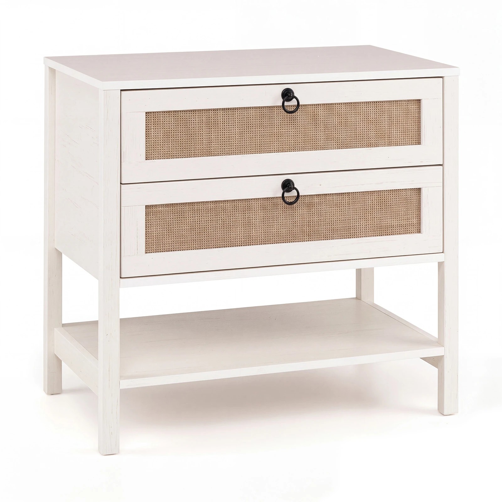 1 Costway Boho Sofa Side Table Rattan Nightstand Bedside Table - White, 1 of 6