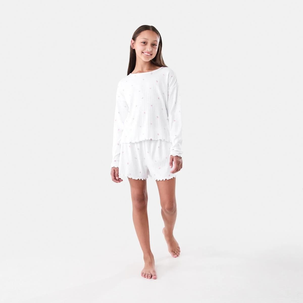 6 Long Sleeve Pointelle Pyjama Set Wht Rose, 6 of 9