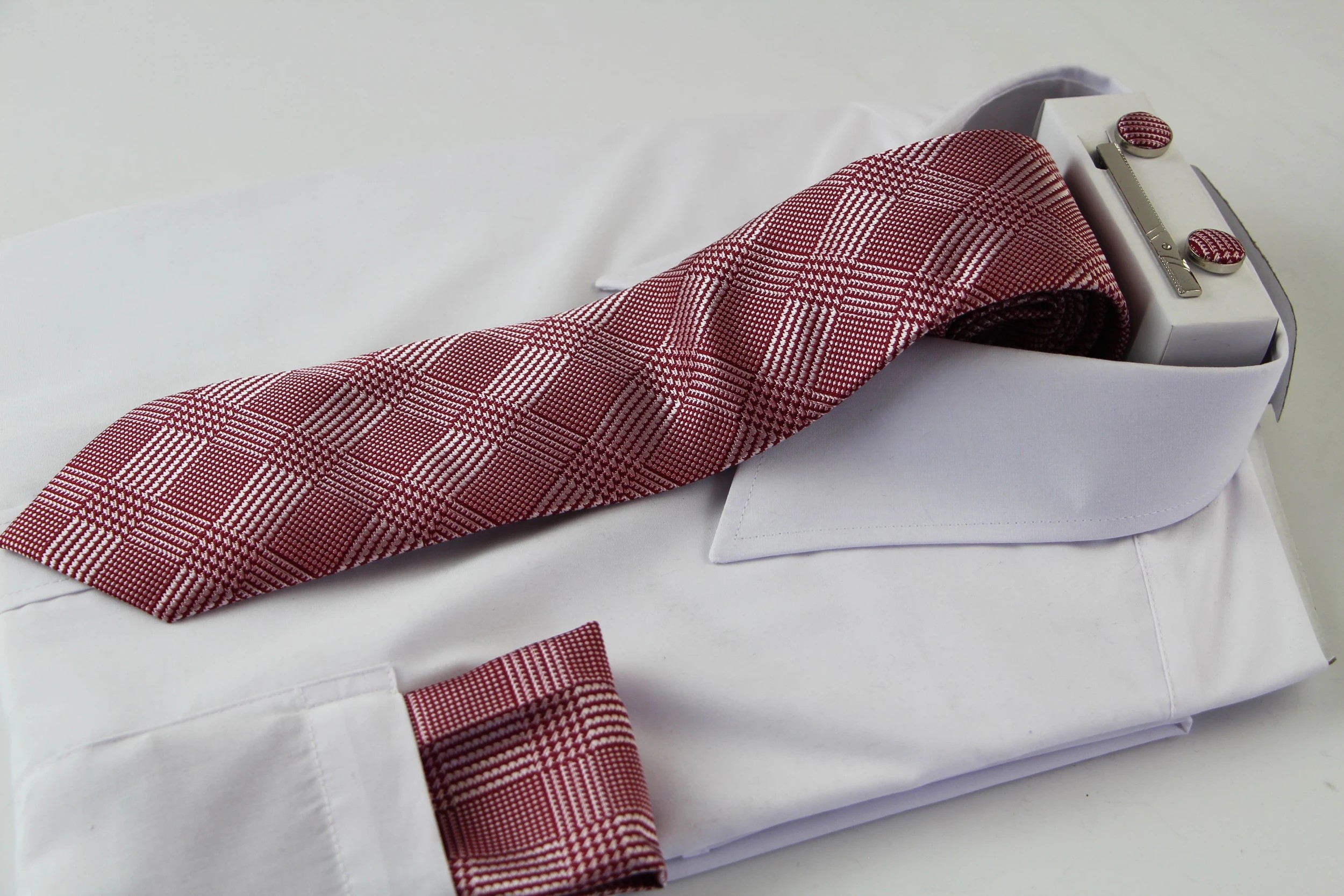 1 Zasel Mens Red And White Houndstooth  Matching Neck Tie, Pocket Square, Cuff Links And Tie Clip Set - Multi, 1 of 1