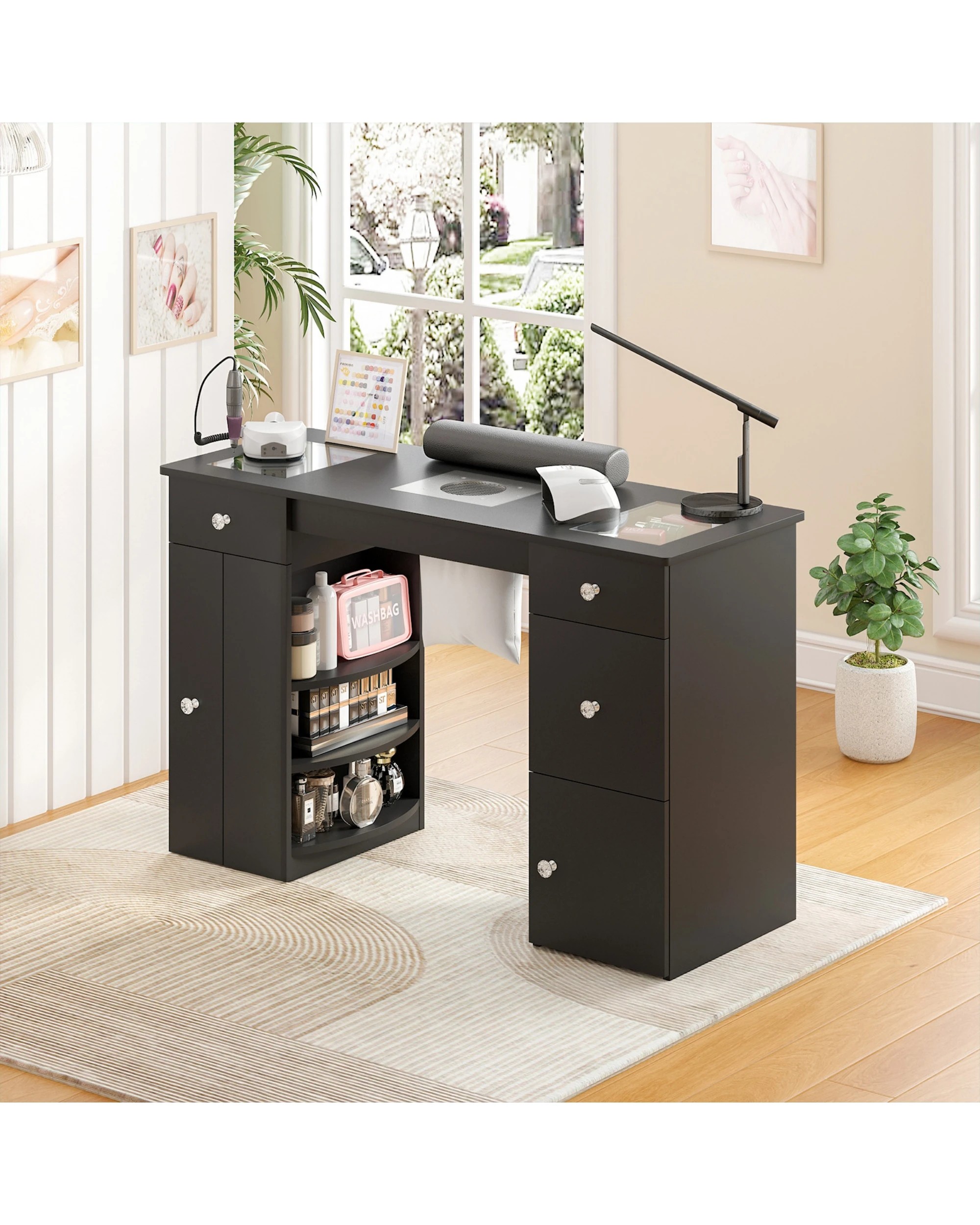 1 Advwin Manicure Table With Dust Collector Glass Top Acetone Resistant Drawers Shelves - Black, 1 of 4
