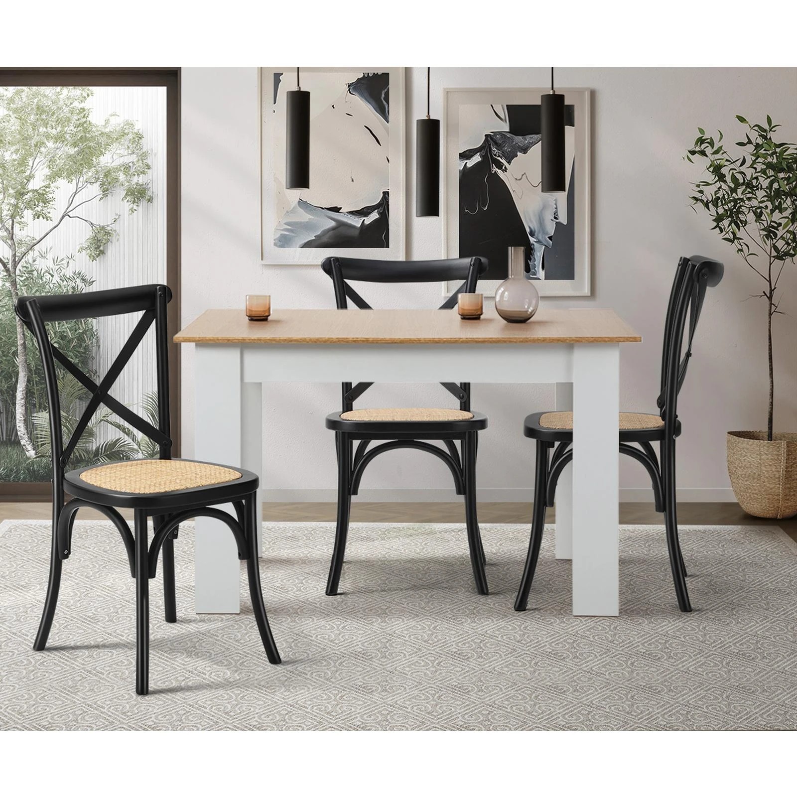 3 Oikiture 2pcs Crossback Dining Chair Solid Birch Timber Wood Ratan Seat
 - Black, 3 of 10