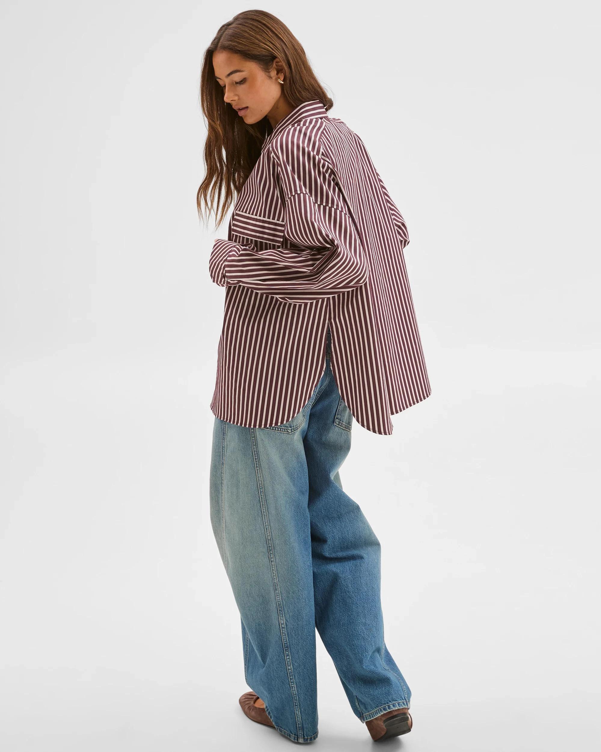 7 Lily Loves Australian Cotton Blend Oversized Shirt FUDGE STRIPE, 7 of 7