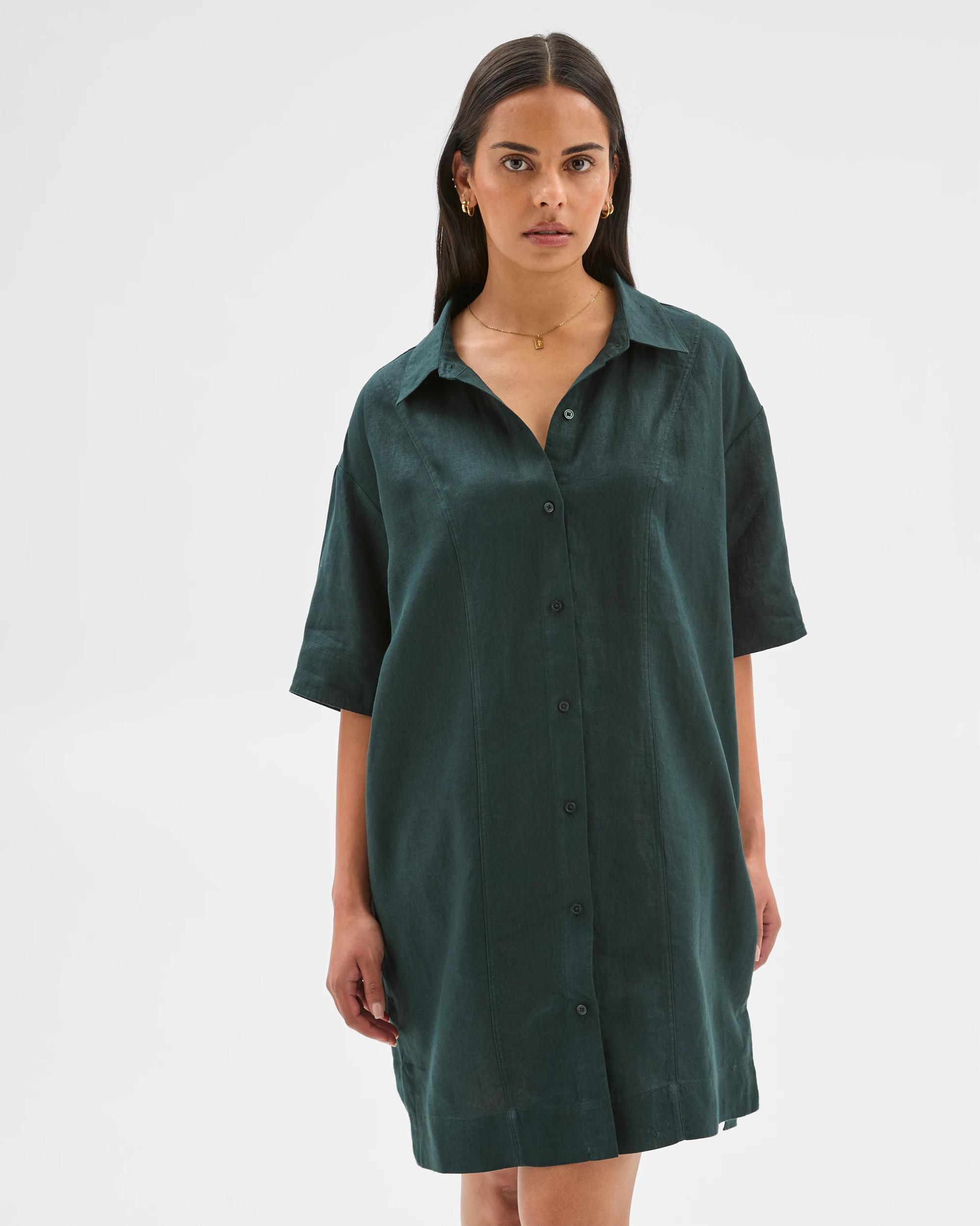 2 Target Woman European Linen Short Sleeve Shirt Mini Dress MIDNIGHT JADE, 2 of 6