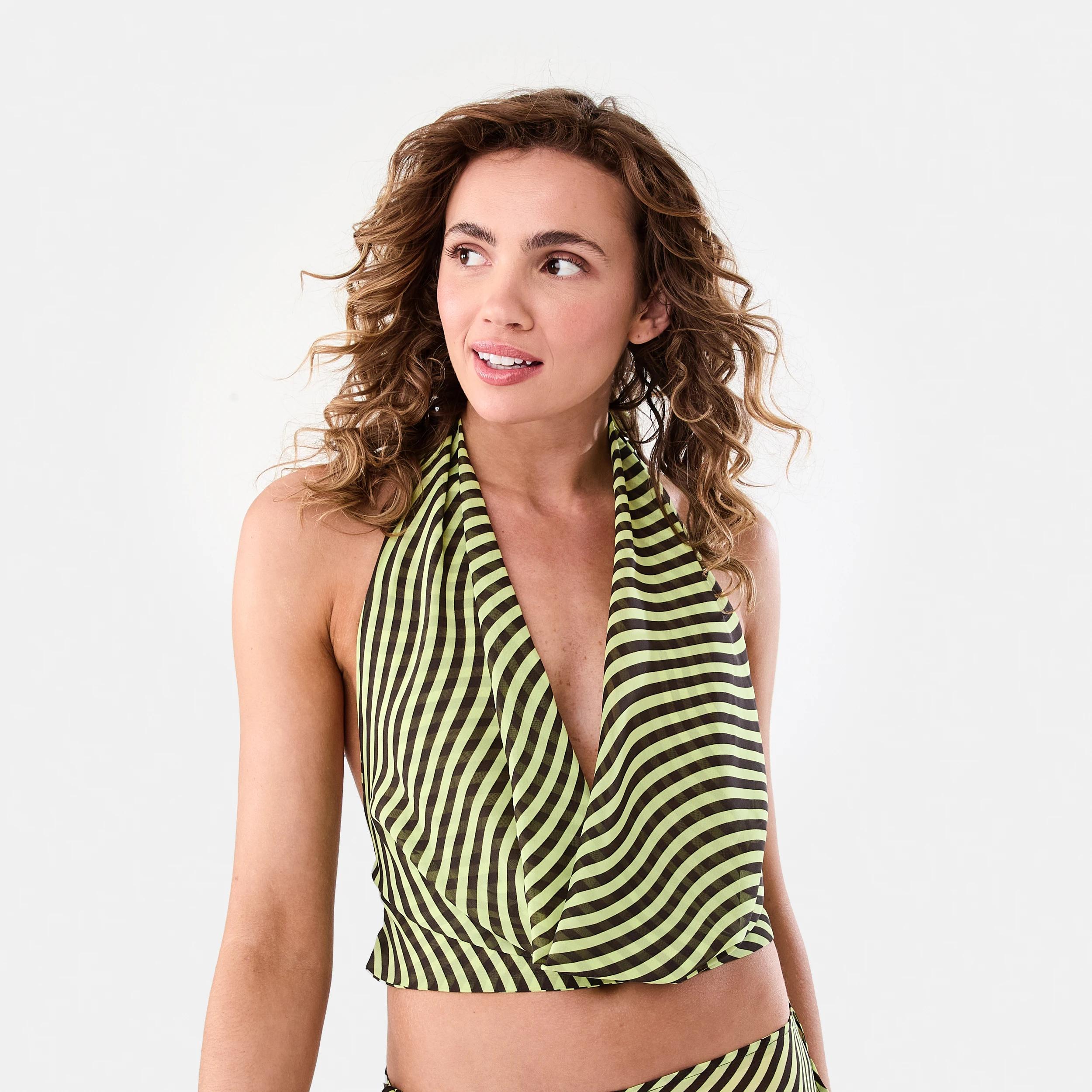 1 Printed Cowl Neck Halter Top Lime Wave, 1 of 8