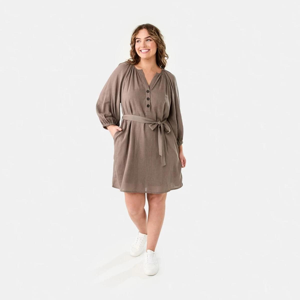 9 Elbow Sleeve Linen Blend Mini Dress DEEP TAUPE, 9 of 9