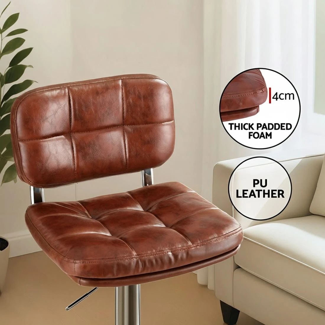 5 Artiss 2x Bar Stools Kitchen Swivel Gas Lift Counter Chair Tuft PU Leather - Multi, 5 of 6