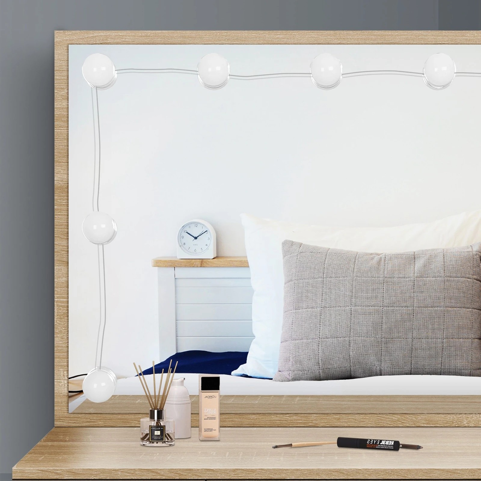 7 Alfordson Dressing Table Stool Set Makeup Mirror Vanity Desk LED Oak, 7 of 10