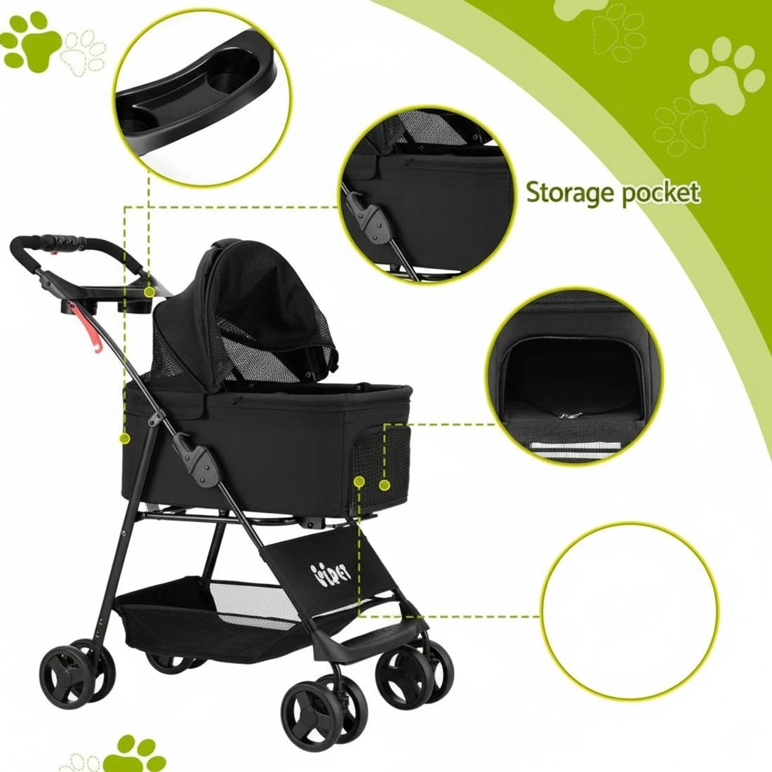 7 i.Pet Pet Stroller Dog Pram Cat Carrier Travel Large Pushchair Foldable 4 Wheels - Black, 7 of 8