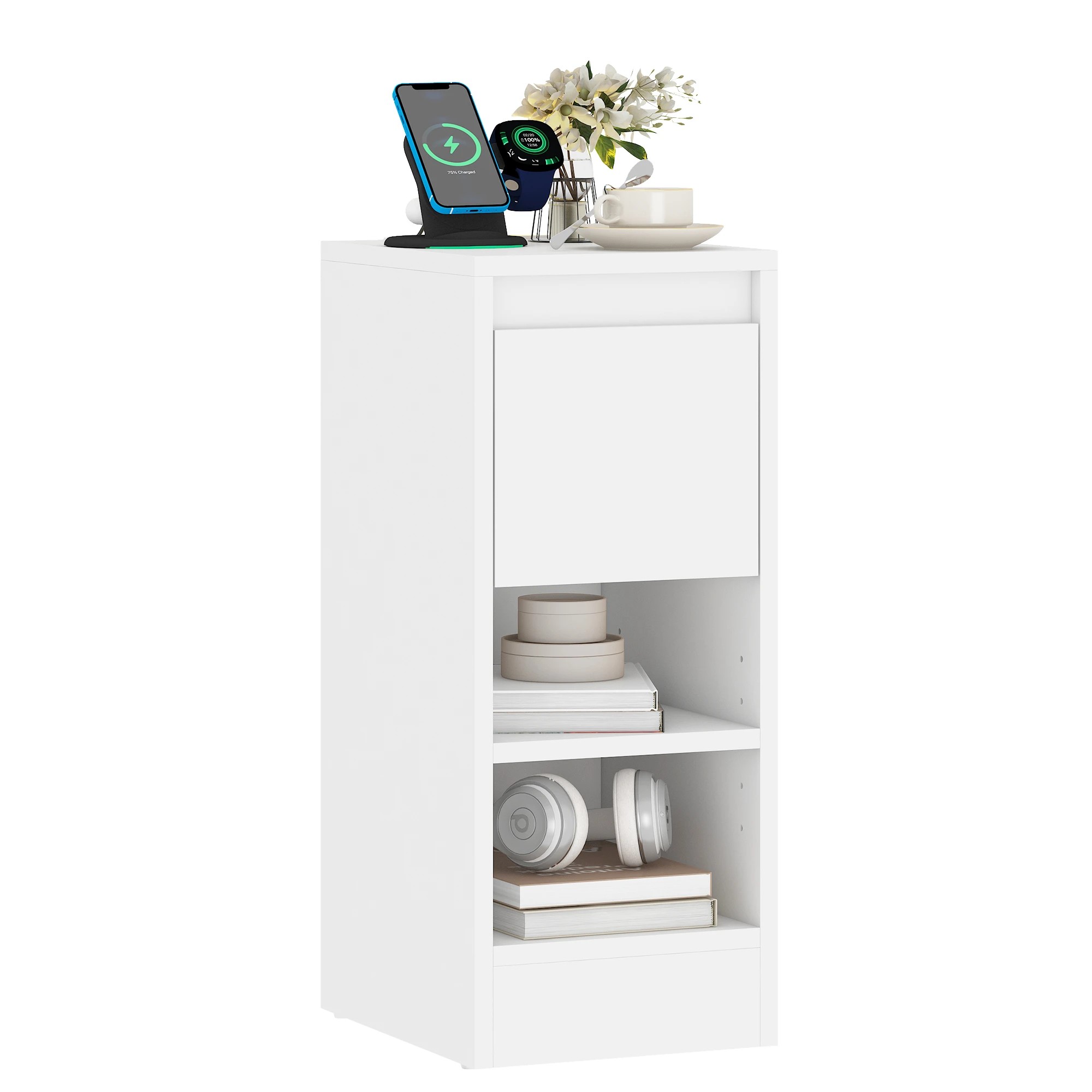 1 Advwin LED End Table Sofa Side Table with Drawers Narrow Bedside Table White - White, 1 of 9