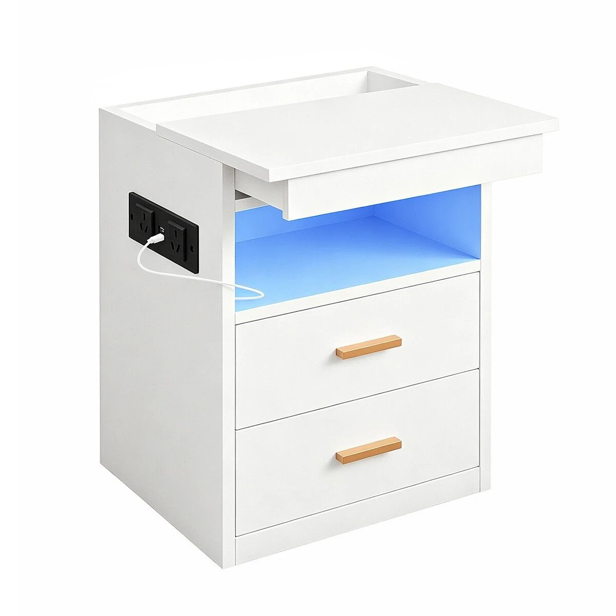 1 LUXSUITE LED Bedside Table Nightstand with USB Charging Station, 3 Drawers (1 Lockable) & Open Shelf, 1 of 6