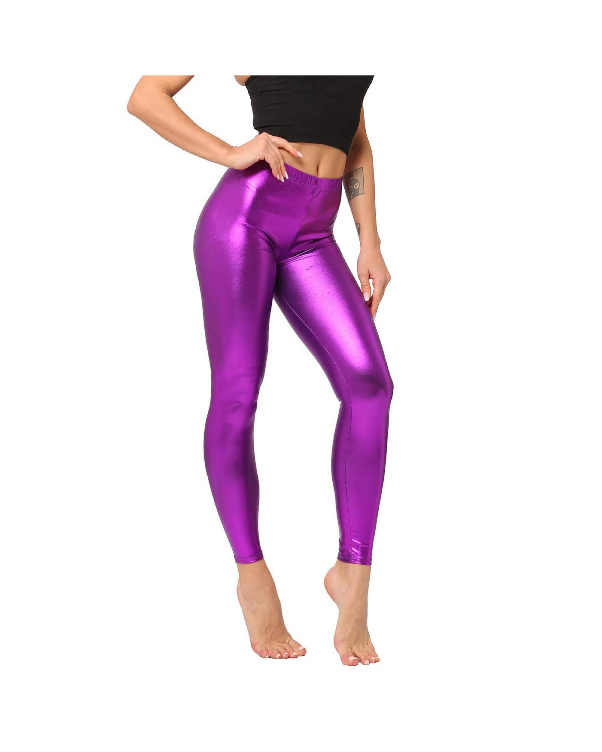 1 BR Costumes Adult Metallic Leggings Shiny Neon Stretch Dance Costume Fancy Dress Pants in PURPLE, 1 of 2
