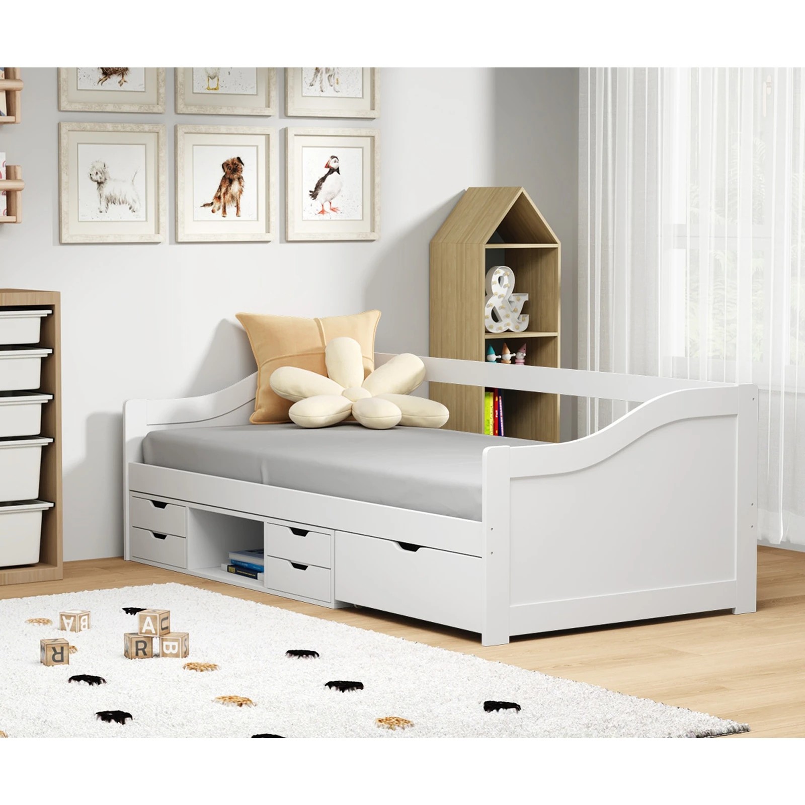 7 Oikiture Kids Bed Frame Single Daybed With Trundle Storage Drawers Timber
 - White, 7 of 10